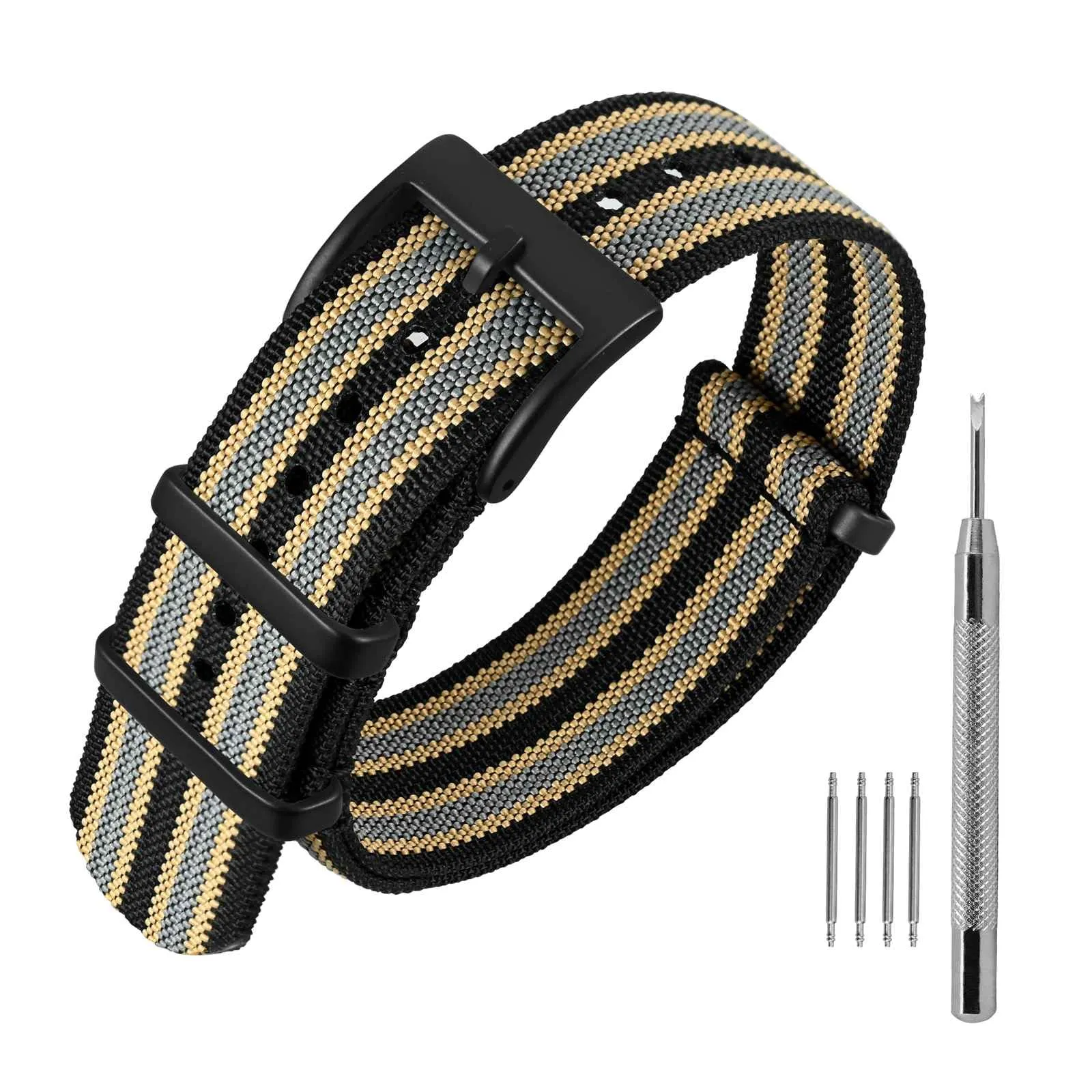 ANNEFIT Cinturino per Orologio in Nylon 22mm con Fibbia in Acciaio Inossidabile (Nero, Cachi, Grigio) - immagine 1