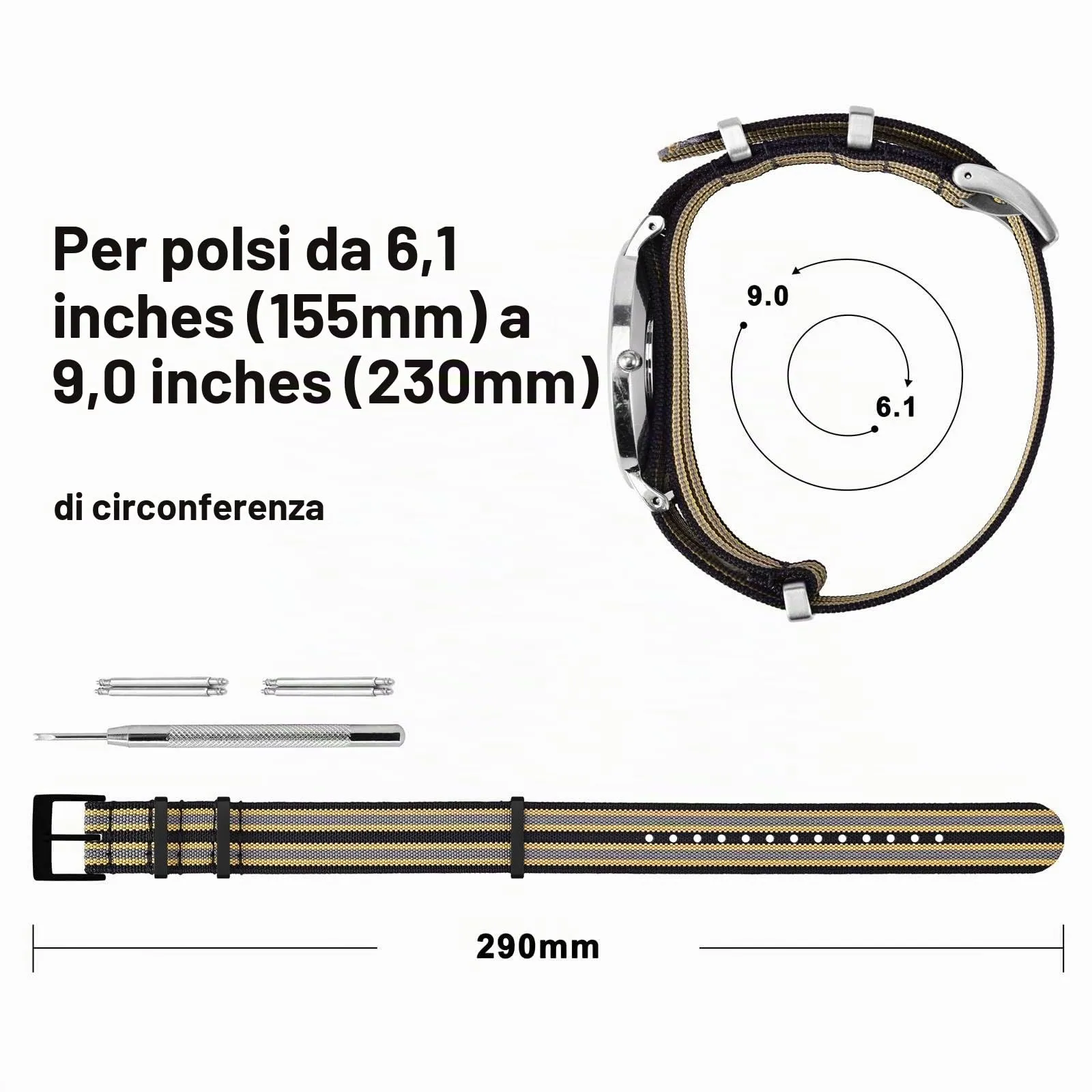 ANNEFIT Cinturino per Orologio in Nylon 22mm con Fibbia in Acciaio Inossidabile (Nero, Cachi, Grigio) - immagine 4