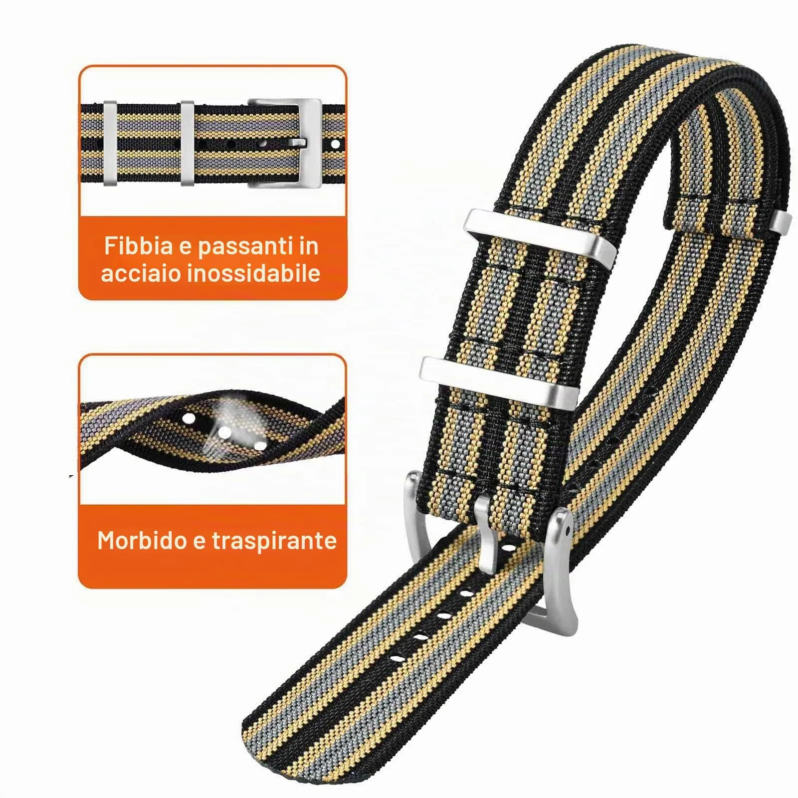 ANNEFIT Cinturino per Orologio in Nylon 20mm con Fibbia in Acciaio Inossidabile (Nero, Cachi, Grigio) - immagine 3