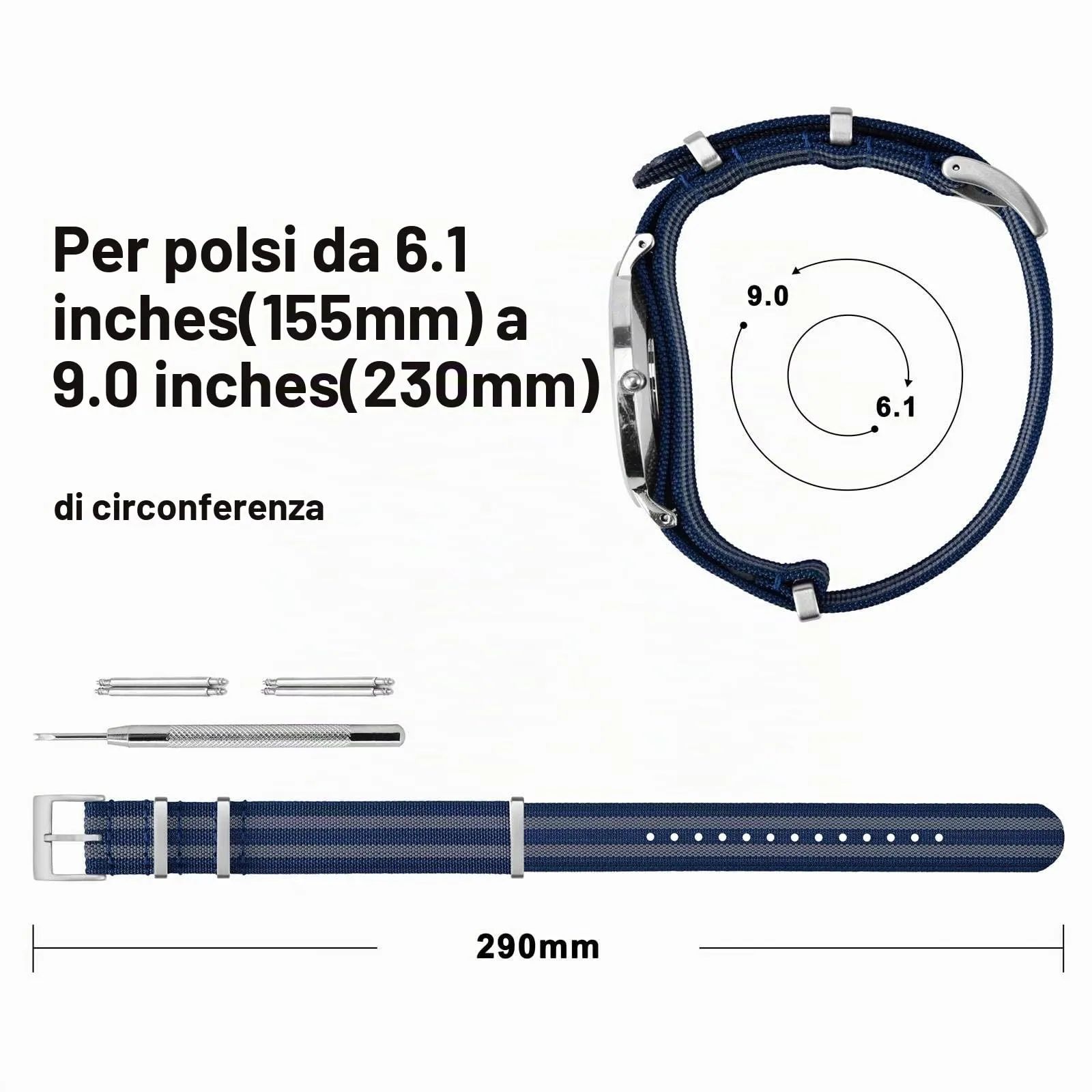 ANNEFIT Cinturino per Orologio in Nylon 22mm con Fibbia in Acciaio Inossidabile (Blu/Grigio) - immagine 4