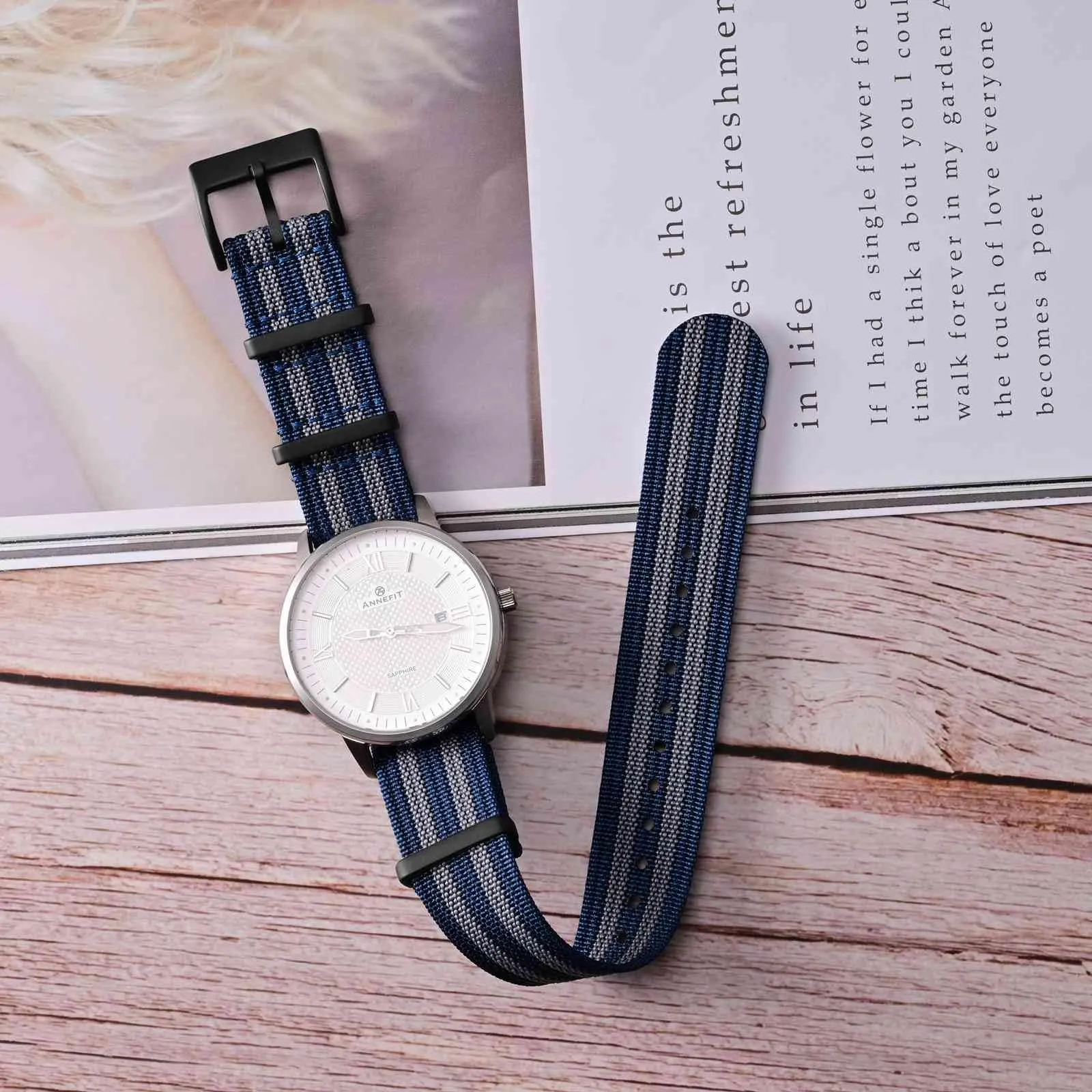 ANNEFIT Cinturino per Orologio in Nylon 18mm con Fibbia in Acciaio Inossidabile (Blu/Grigio) - immagine 2