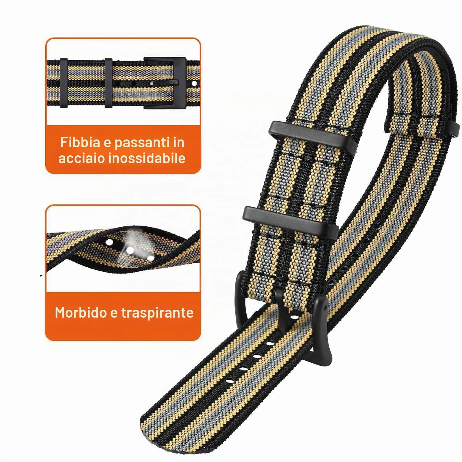 ANNEFIT Cinturino per Orologio in Nylon 20mm con Fibbia in Acciaio Inossidabile (Nero/Cachi/Grigio) - immagine 3
