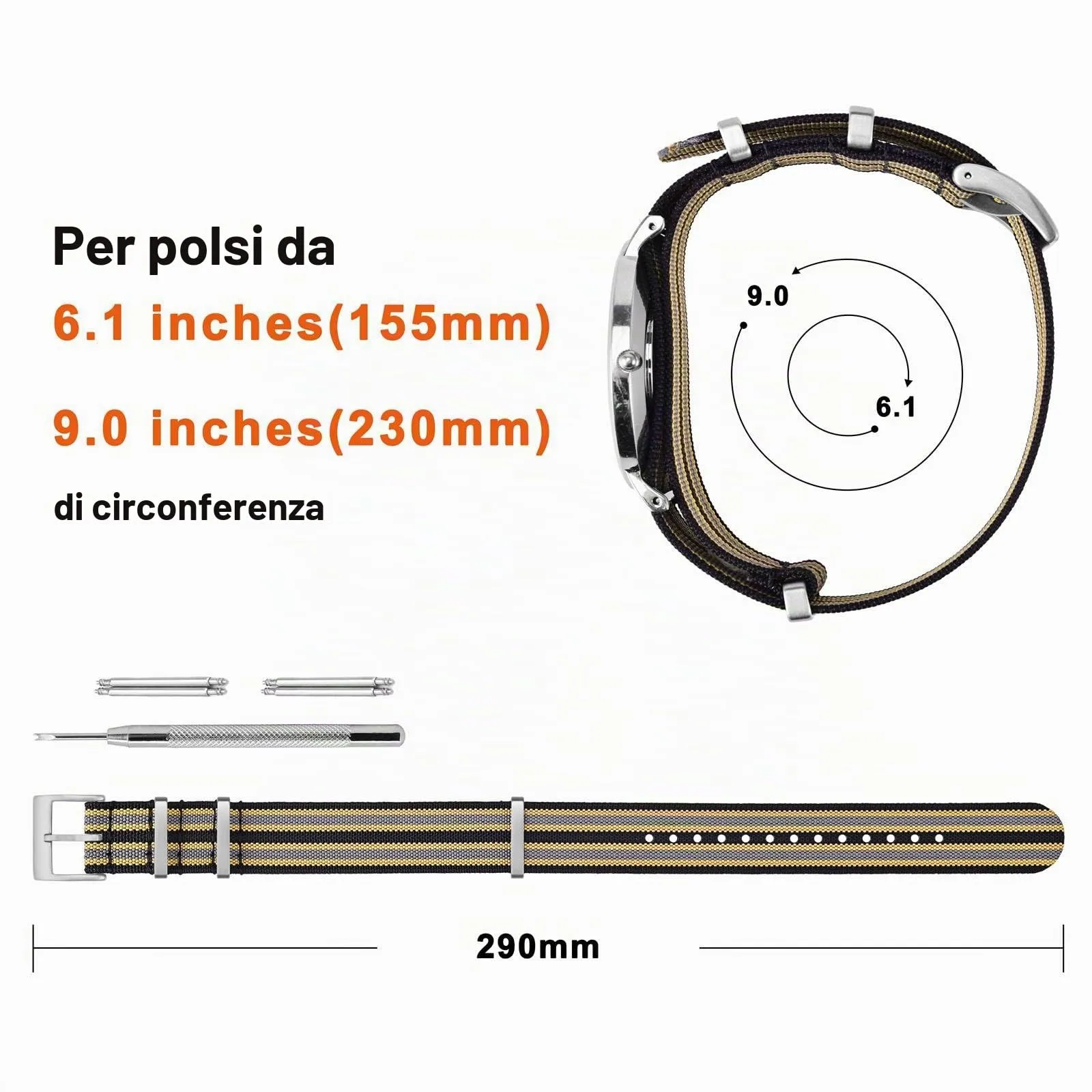 ANNEFIT Cinturino per Orologio in Nylon 22mm con Fibbia in Acciaio Inossidabile (Nero/Cachi/Grigio) - immagine 4