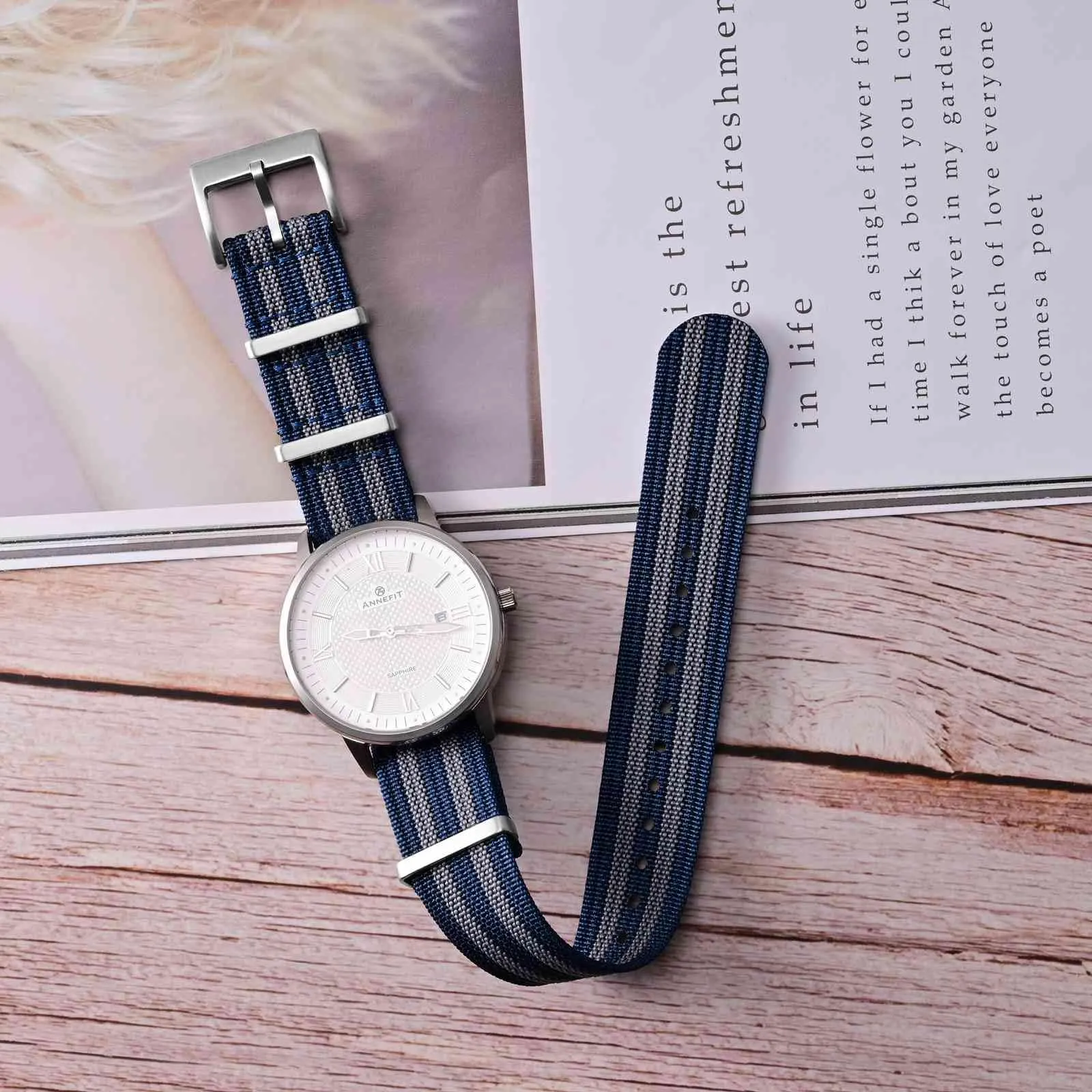 ANNEFIT Cinturino per Orologio in Nylon 18mm con Fibbia in Acciaio Inossidabile (Blu/Grigio) - immagine 2