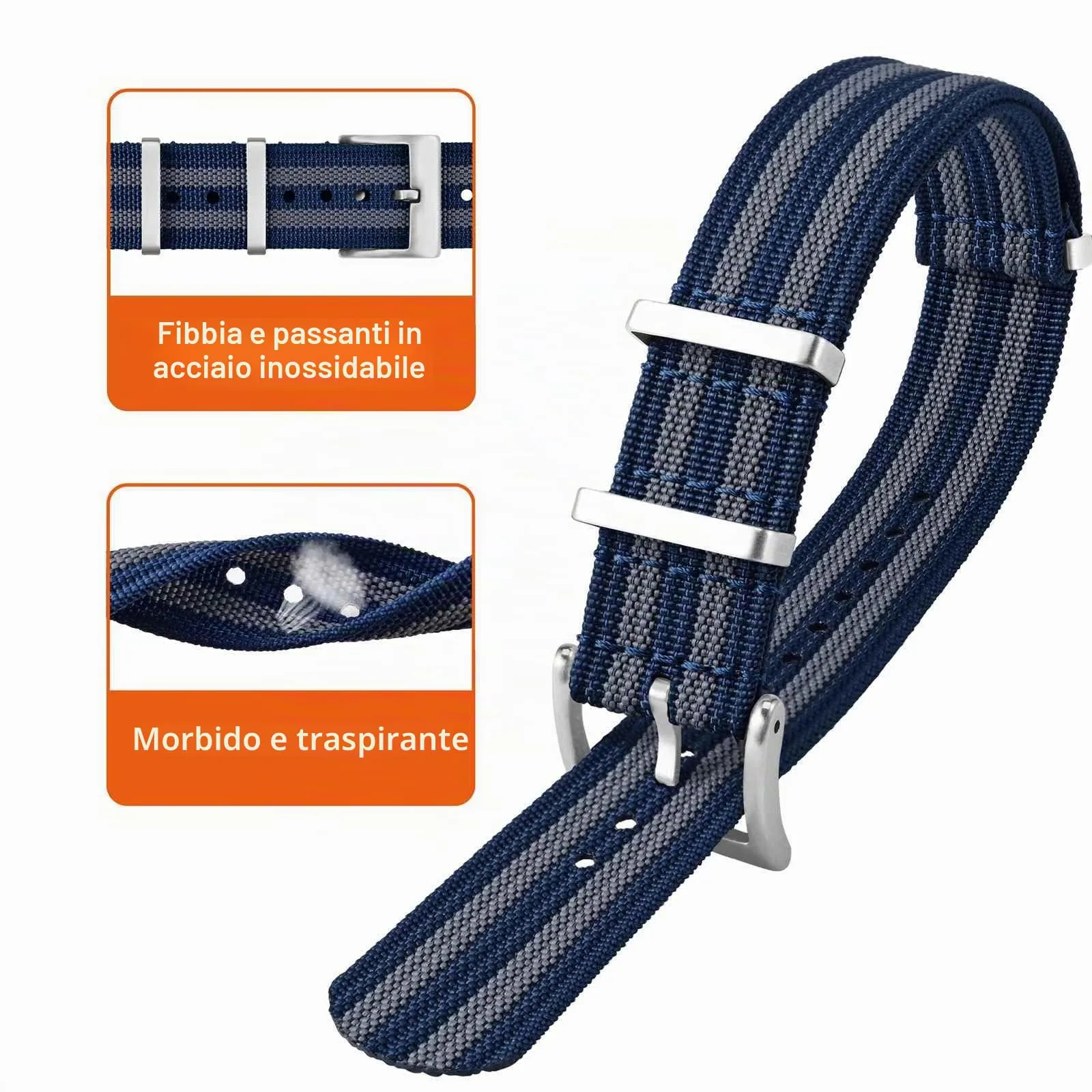 ANNEFIT Cinturino per Orologio in Nylon 18mm con Fibbia in Acciaio Inossidabile (Blu/Grigio) - immagine 3