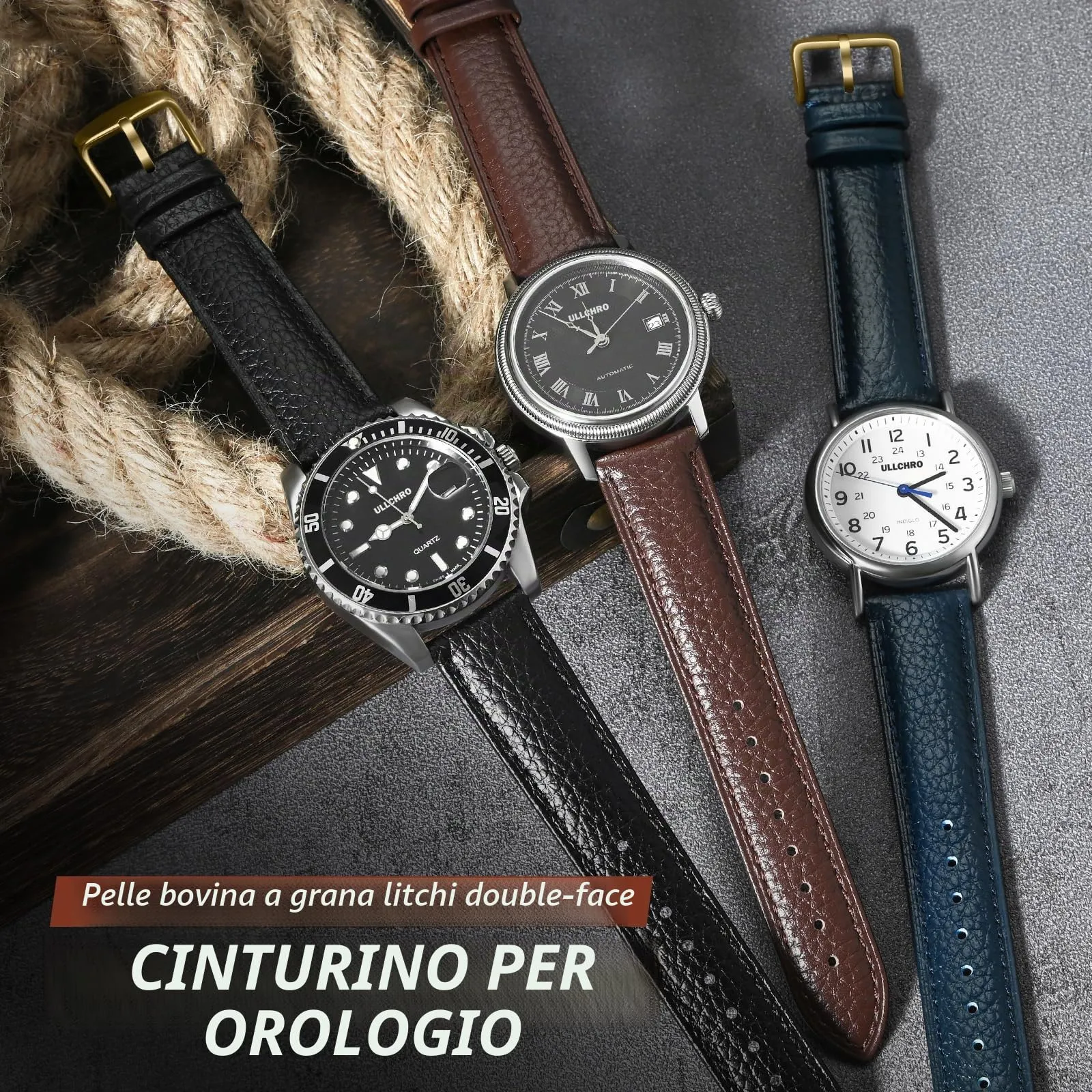 ULLCHRO Cinturino Orologio in Pelle Vera con Sgancio Rapido, 18mm, Marrone Scuro - immagine 2