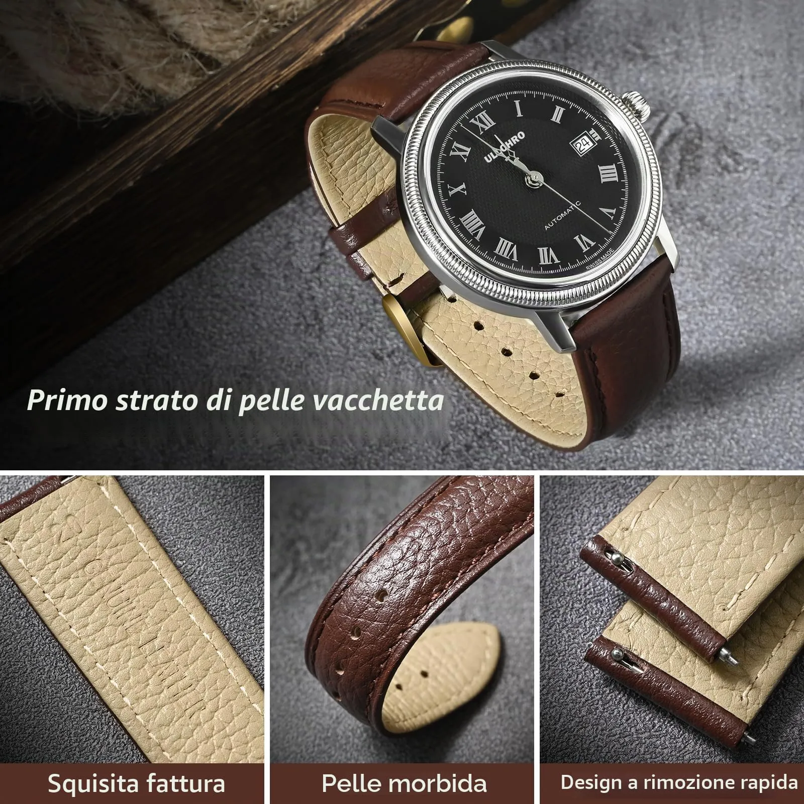 ULLCHRO Cinturino Orologio in Pelle Vera con Sgancio Rapido, 18mm, Marrone Scuro - immagine 3