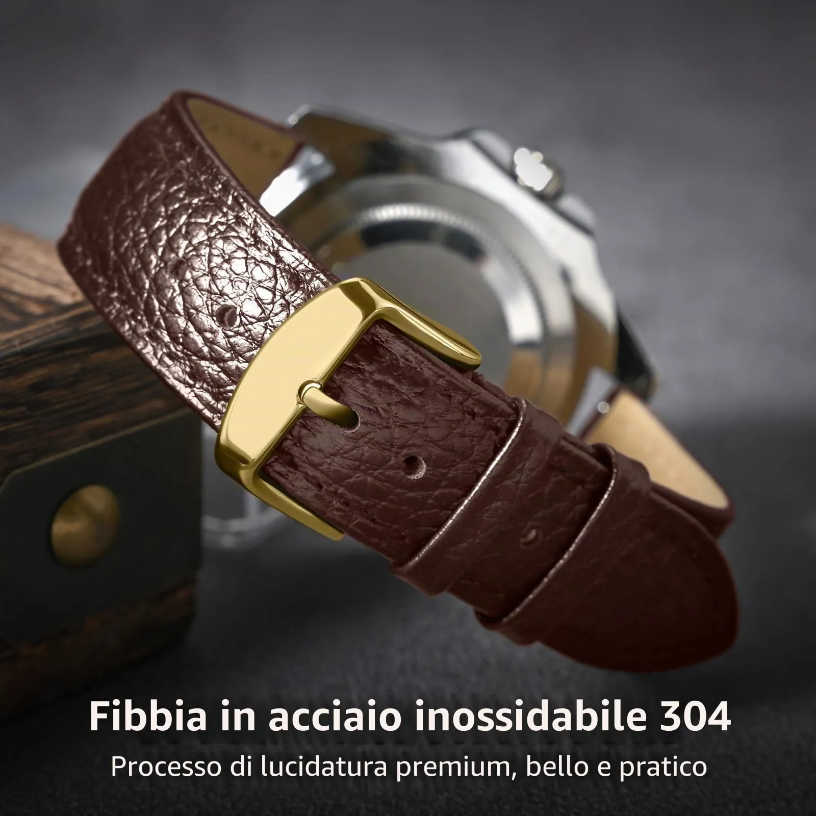 ULLCHRO Cinturino Orologio in Pelle Vera con Sgancio Rapido, 18mm, Marrone Scuro - immagine 4