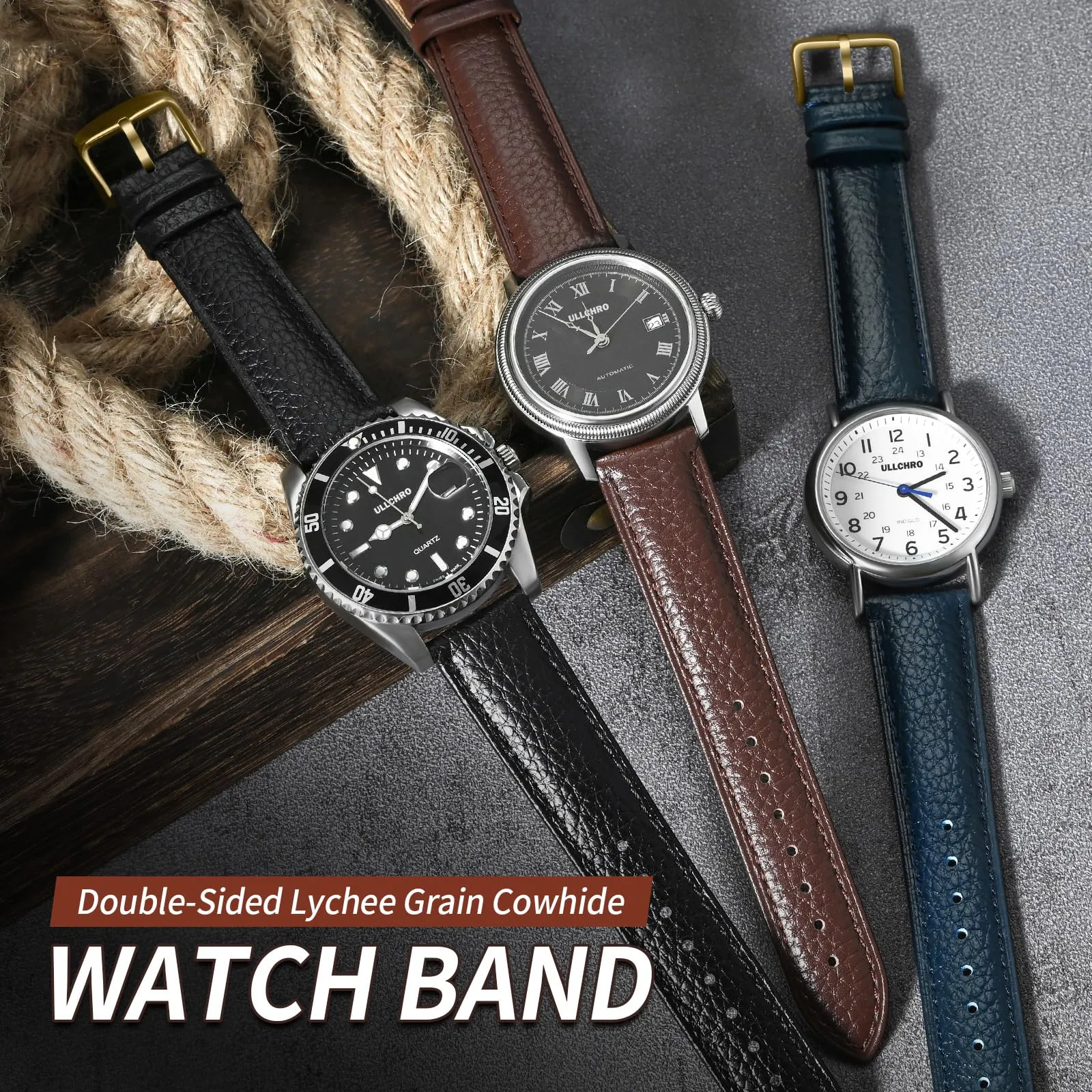 ULLCHRO Cinturino Orologio in Pelle Vera Vintage con Sgancio Rapido, 15mm, Marrone Scuro - immagine 2