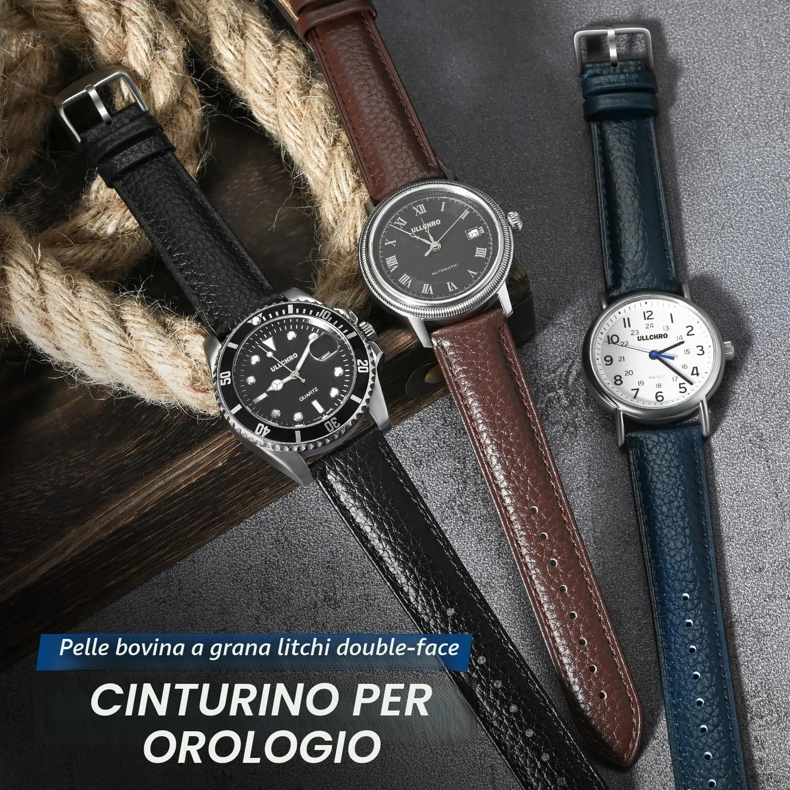 ULLCHRO Cinturino Orologio in Pelle Vera con Sgancio Rapido, 22mm, Blu Marino - immagine 2
