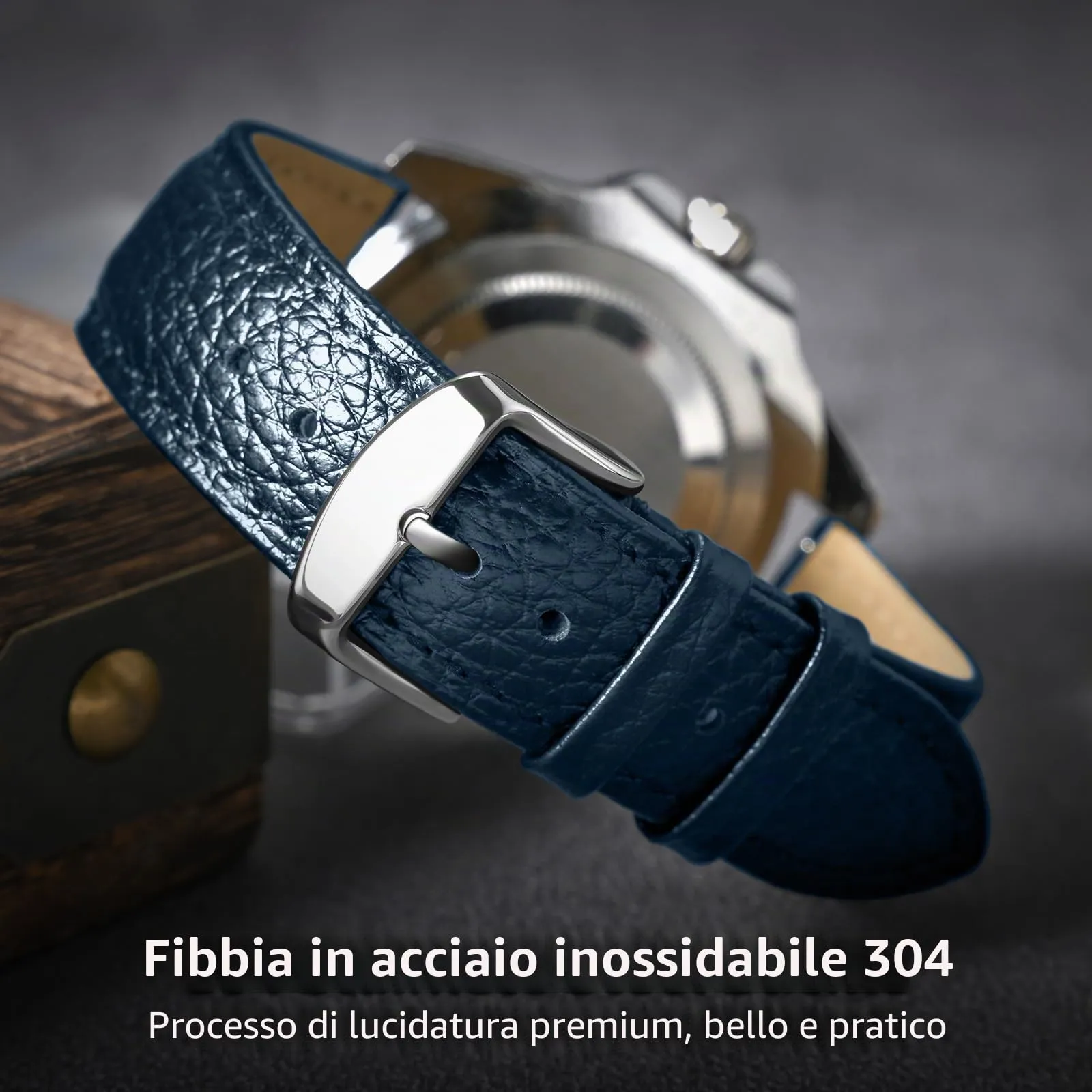 ULLCHRO Cinturino Orologio in Pelle Vera con Sgancio Rapido, 22mm, Blu Marino - immagine 4