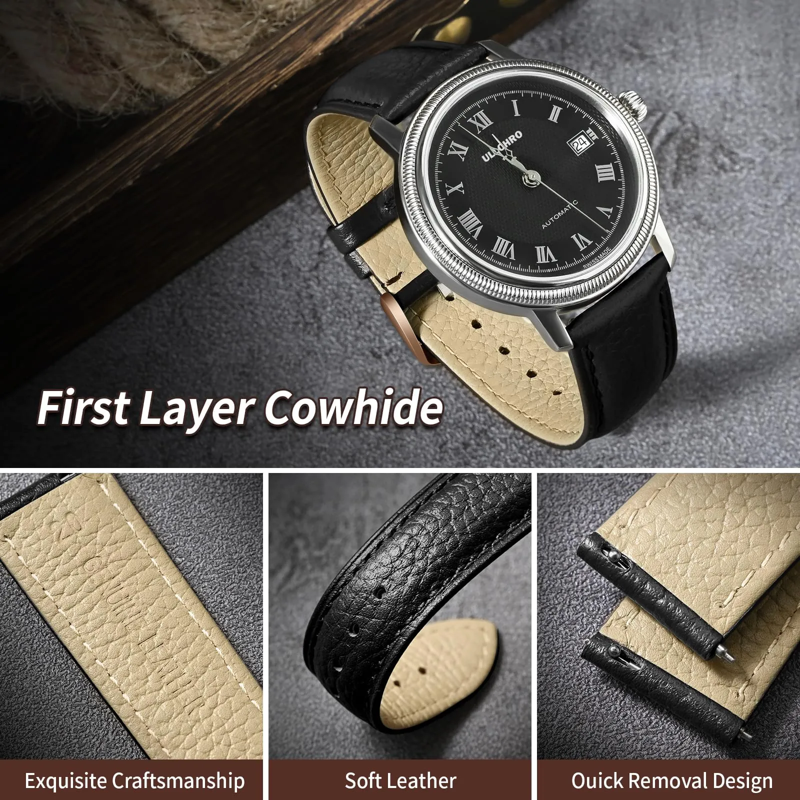 ULLCHRO Cinturino Orologio in Pelle Vera Vintage con Sgancio Rapido, 24mm, Nero - immagine 3