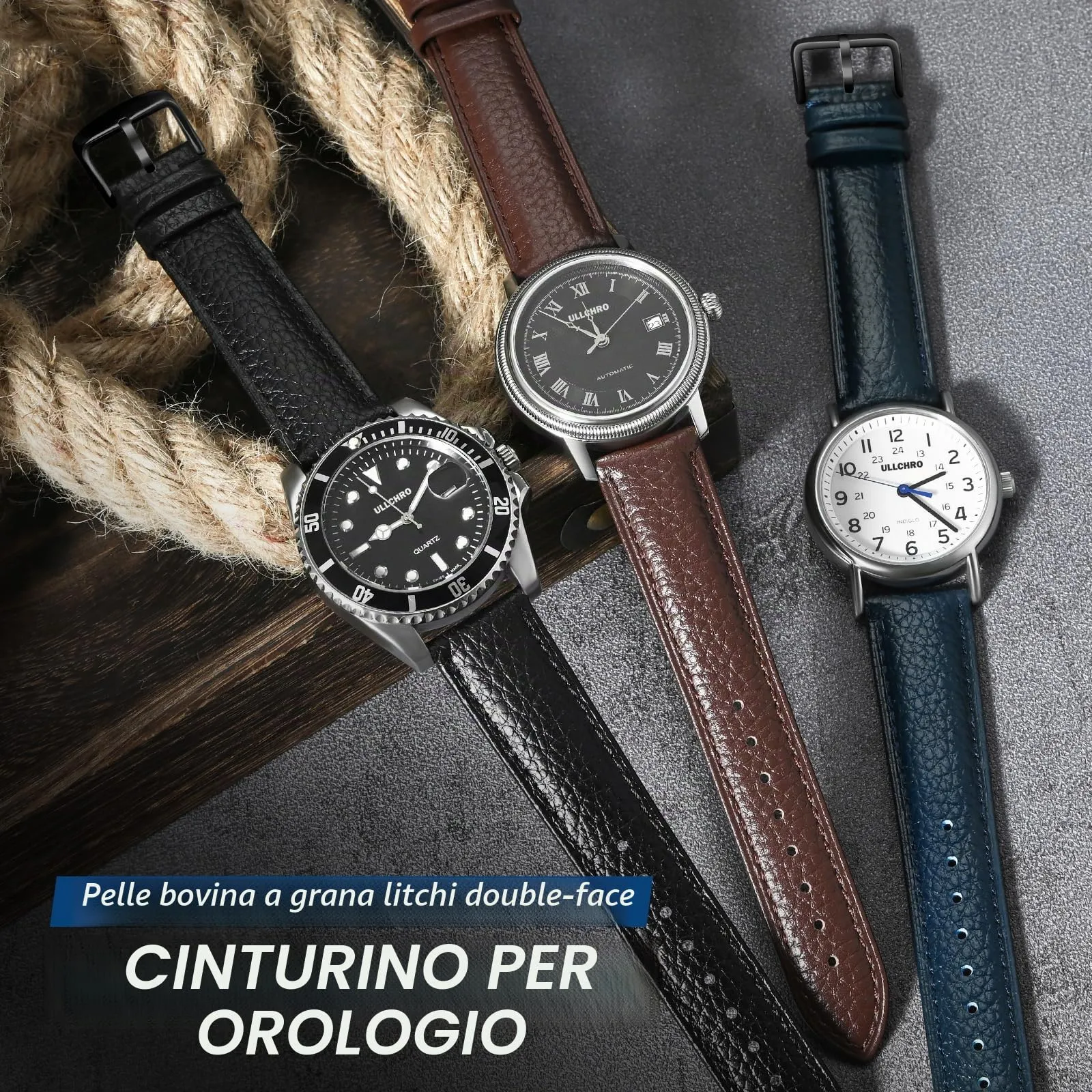 ULLCHRO Cinturino Orologio in Pelle Vera, 20mm, Blu Marino - immagine 2