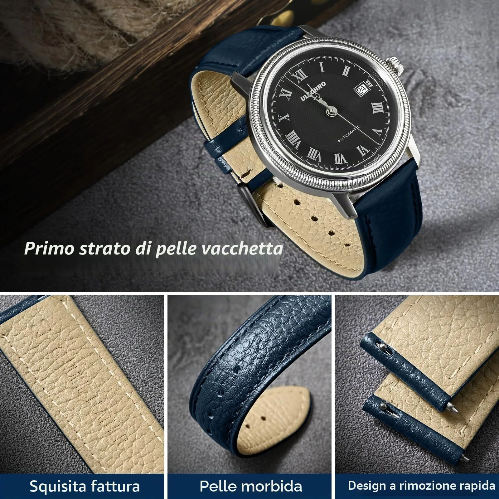 ULLCHRO Cinturino Orologio in Pelle Vera, 20mm, Blu Marino - immagine 3