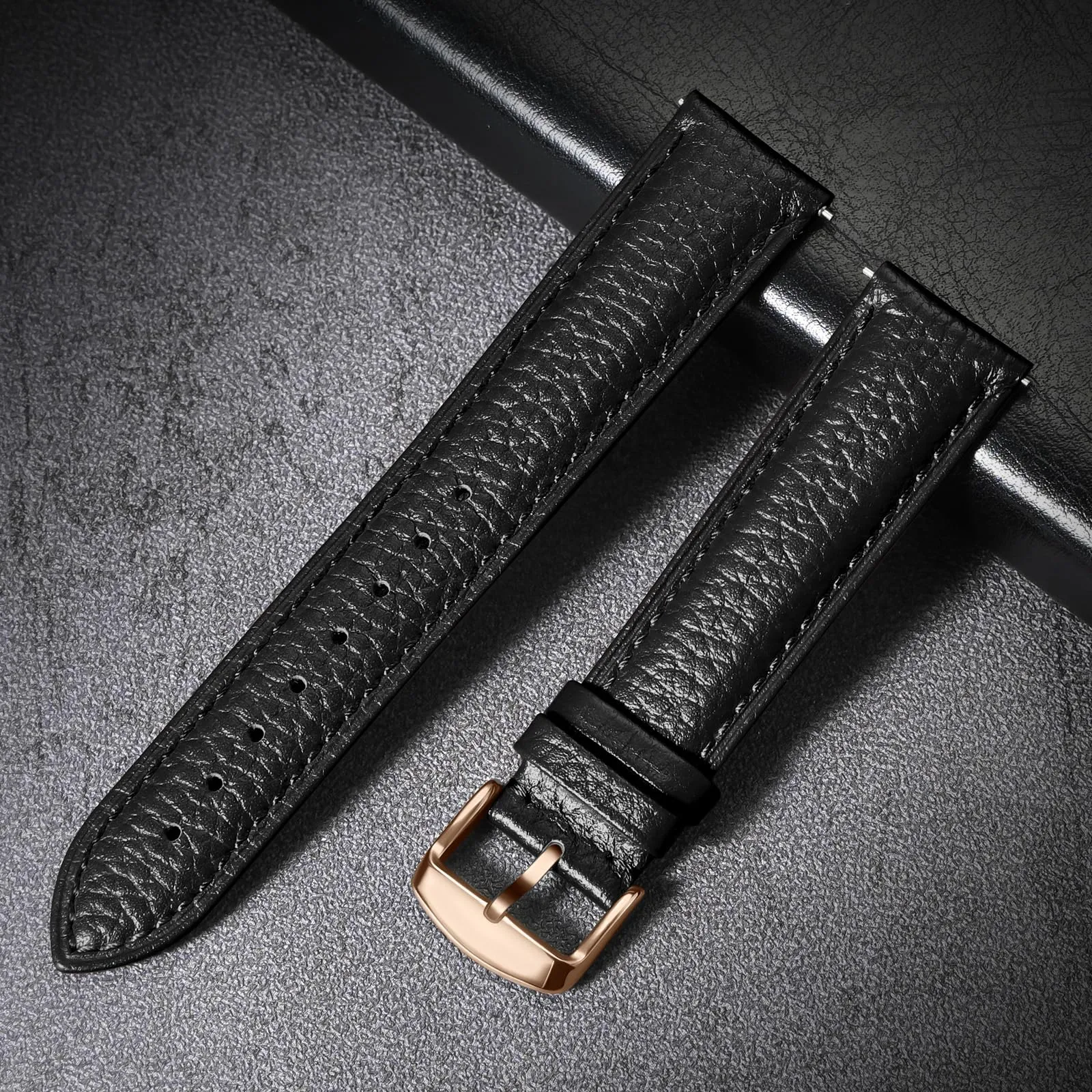 ULLCHRO Cinturino Orologio in Pelle Vera con Sgancio Rapido, 22mm, Nero - immagine 5