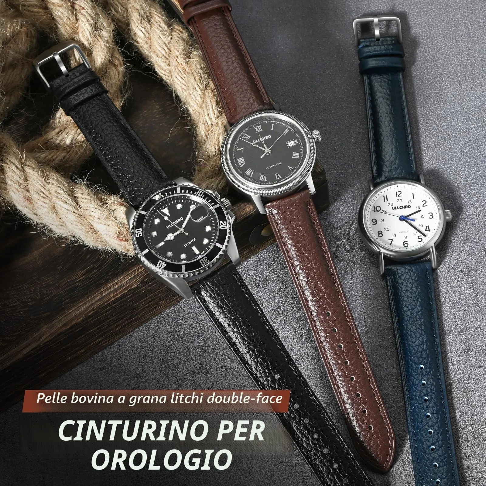 ULLCHRO Cinturino Orologio in Pelle Vera con Sgancio Rapido, 18mm, Marrone Scuro - immagine 2