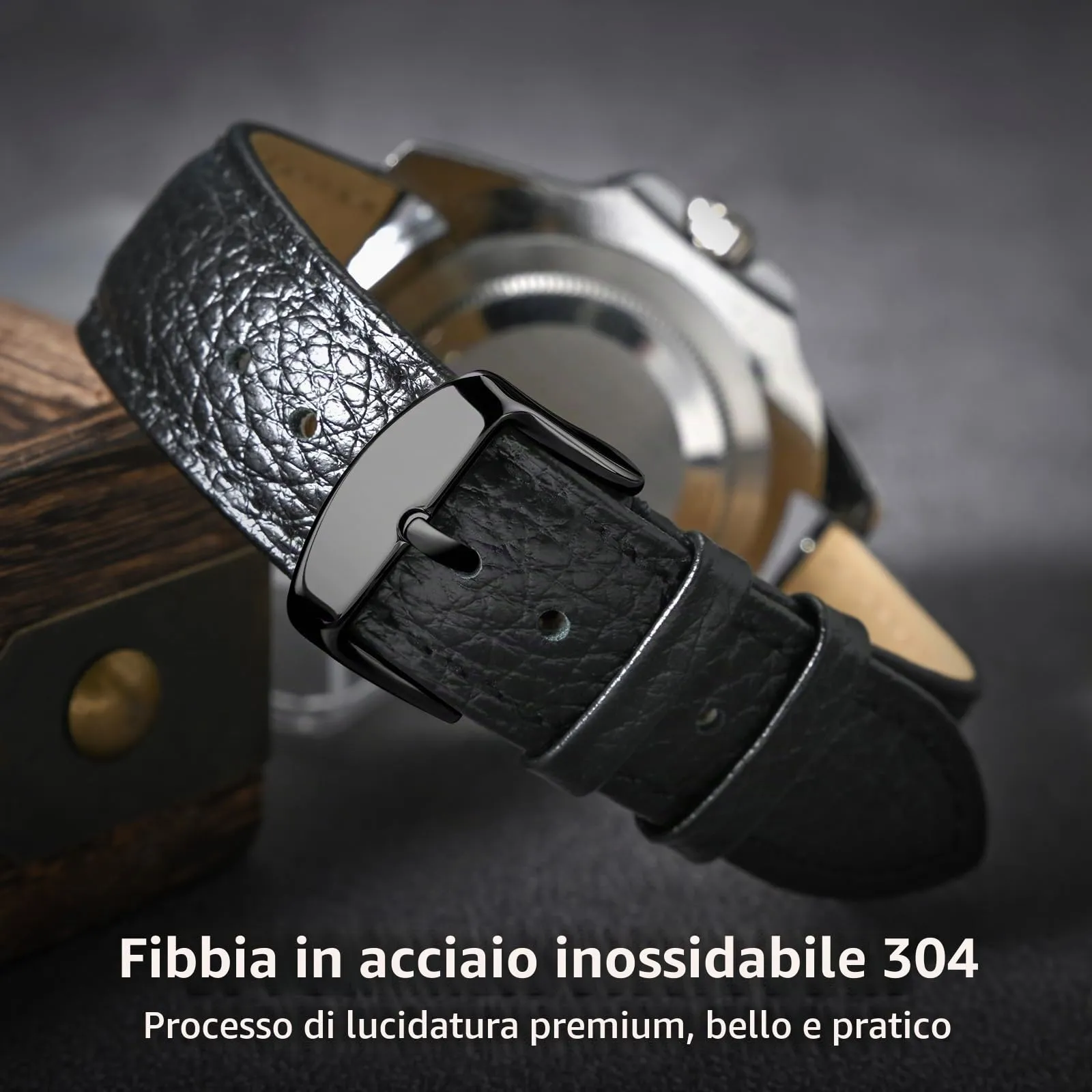 ULLCHRO Cinturino Orologio in Pelle Vera con Sgancio Rapido, 20mm, Nero - immagine 4