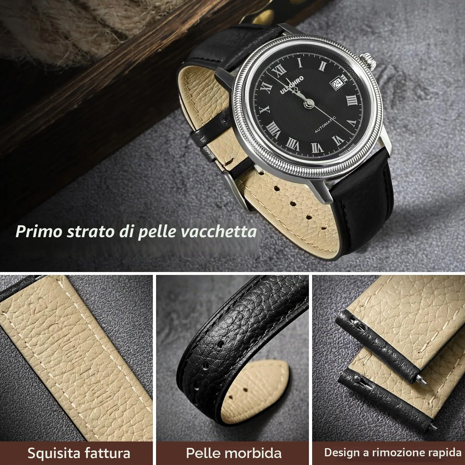 ULLCHRO Cinturino Orologio in Pelle Vera Vintage con Sgancio Rapido, 13mm, Nero - immagine 3