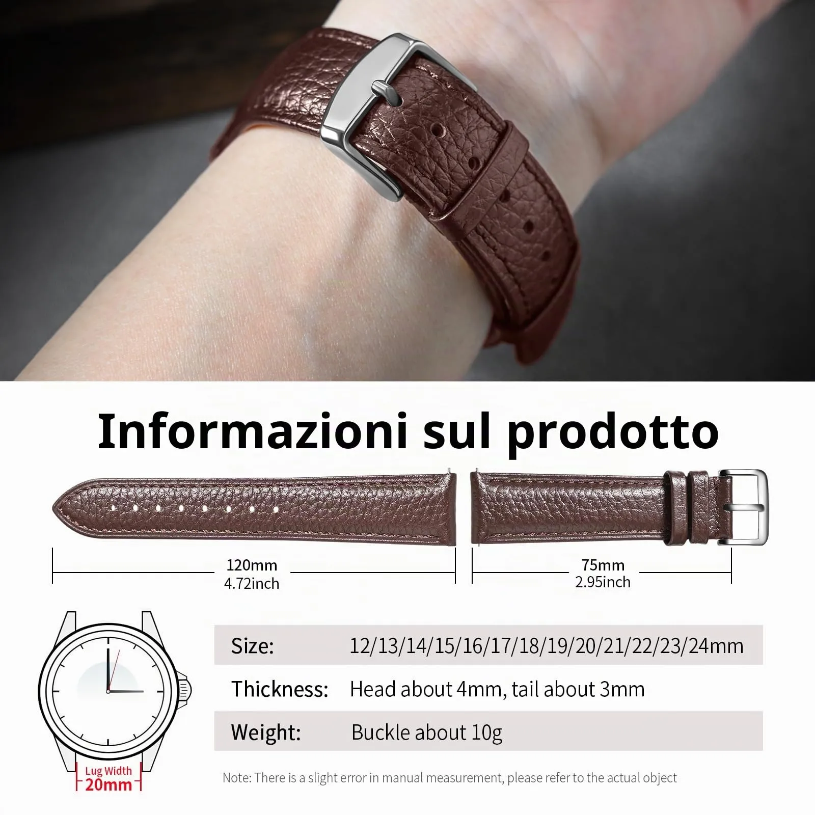 ULLCHRO Cinturino Orologio in Pelle Vera con Sgancio Rapido, 19mm, Marrone Scuro - immagine 6