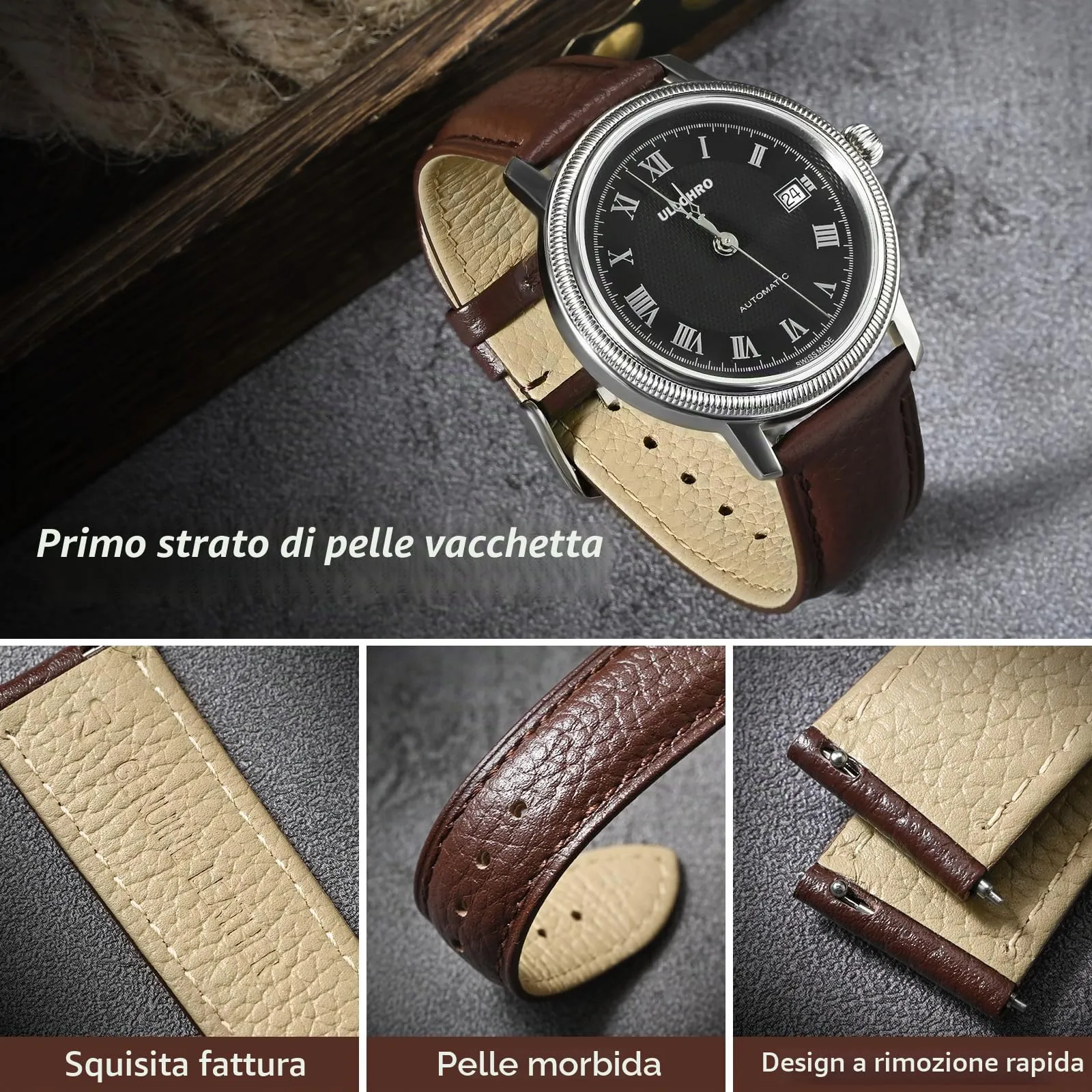 ULLCHRO Cinturino Orologio in Pelle Vera 22mm Stile Vintage con Sgancio Rapido, Marrone Scuro - immagine 3