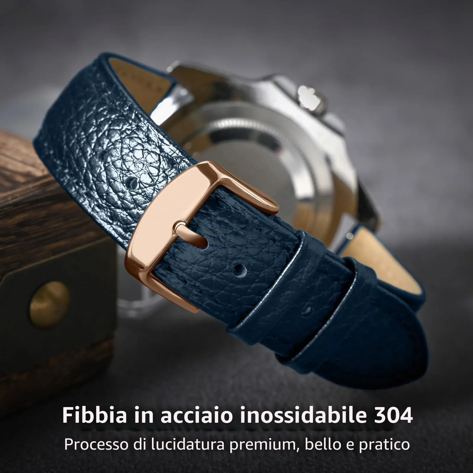 ULLCHRO Cinturino Orologio in Pelle Vera Stile Vintage, 20mm, Blu Marino - immagine 4