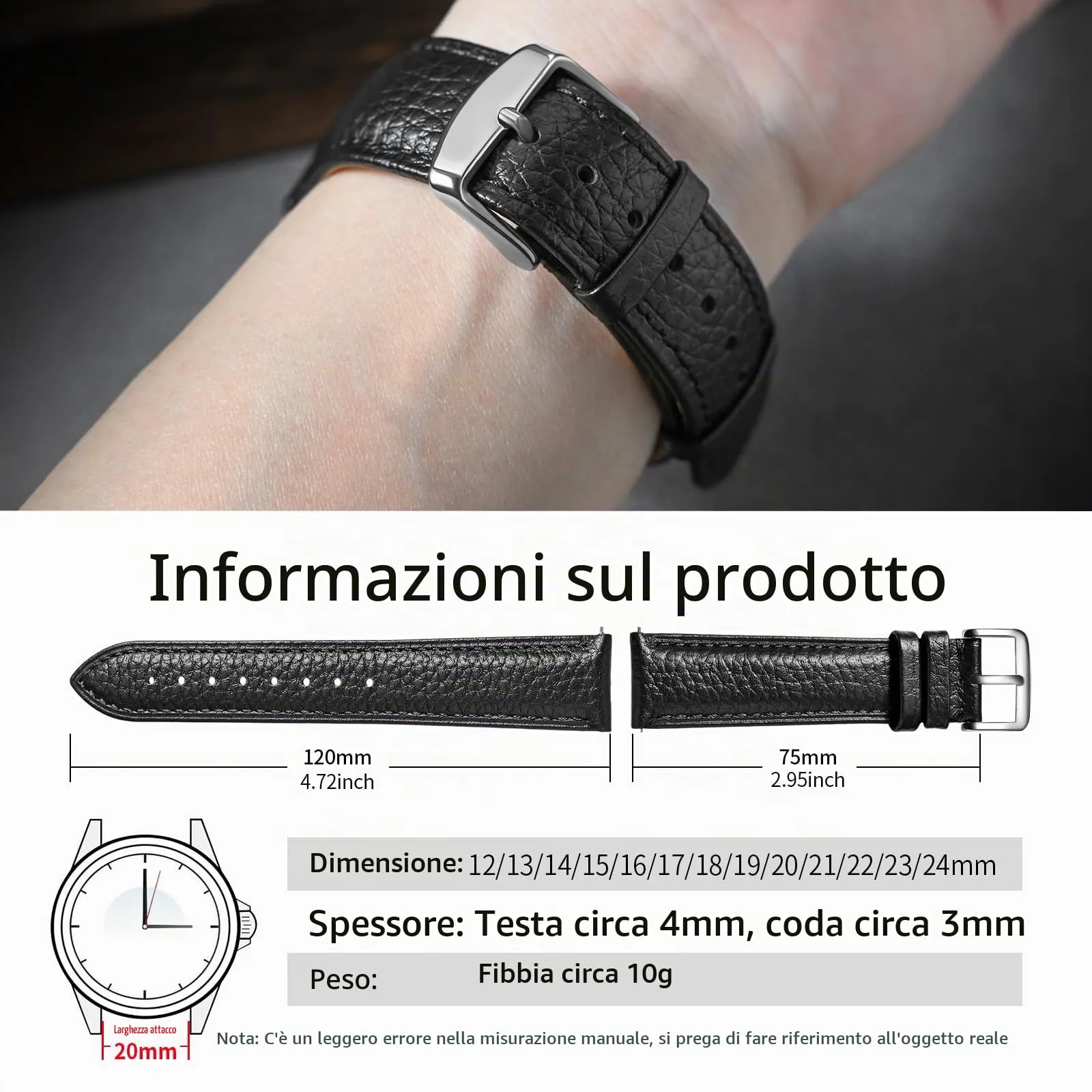 ULLCHRO Cinturino Orologio in Pelle Vera con Sgancio Rapido, 20mm, Nero - immagine 6