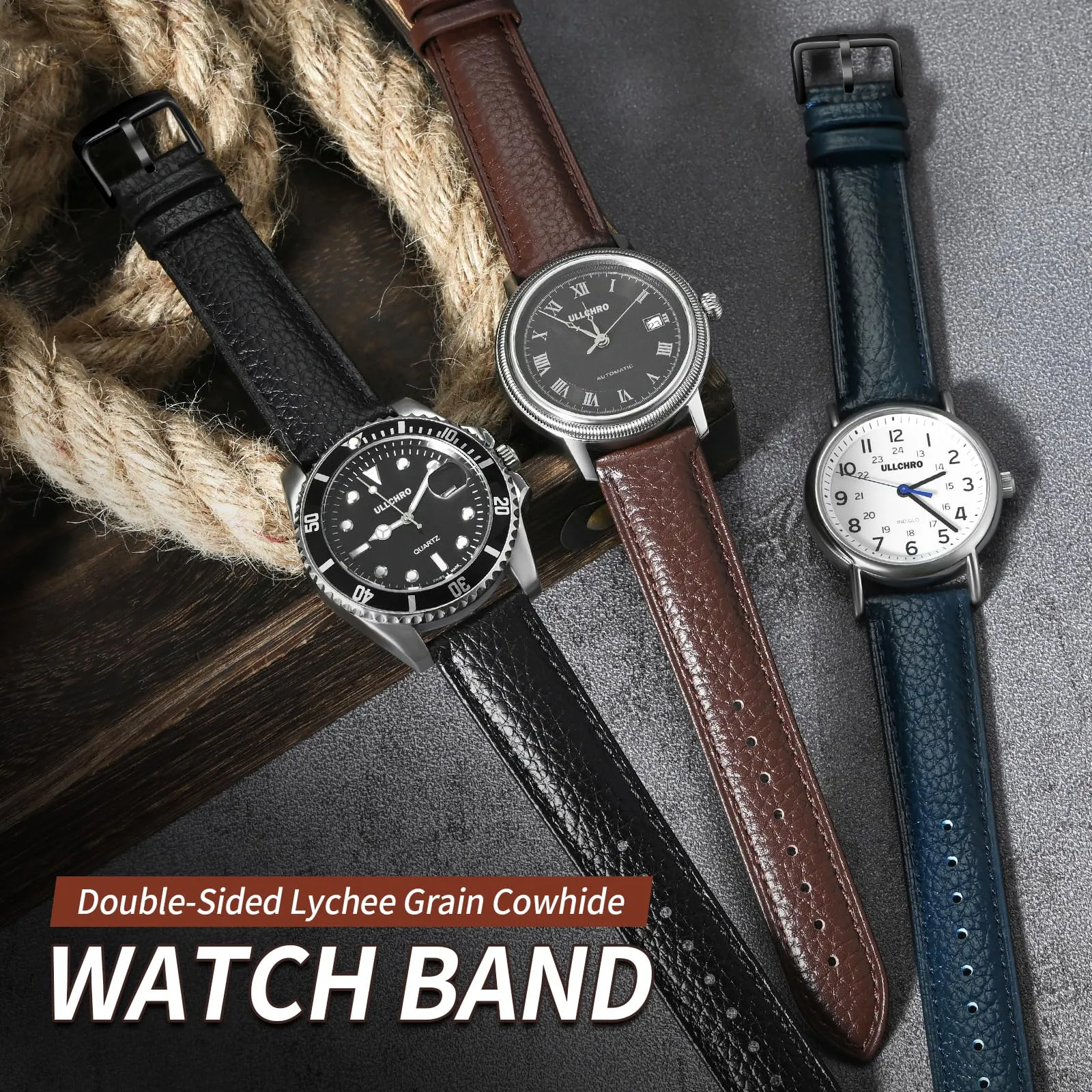 ULLCHRO Cinturino Orologio in Pelle Vera Vintage con Sgancio Rapido, 24mm, Marrone Scuro - immagine 2