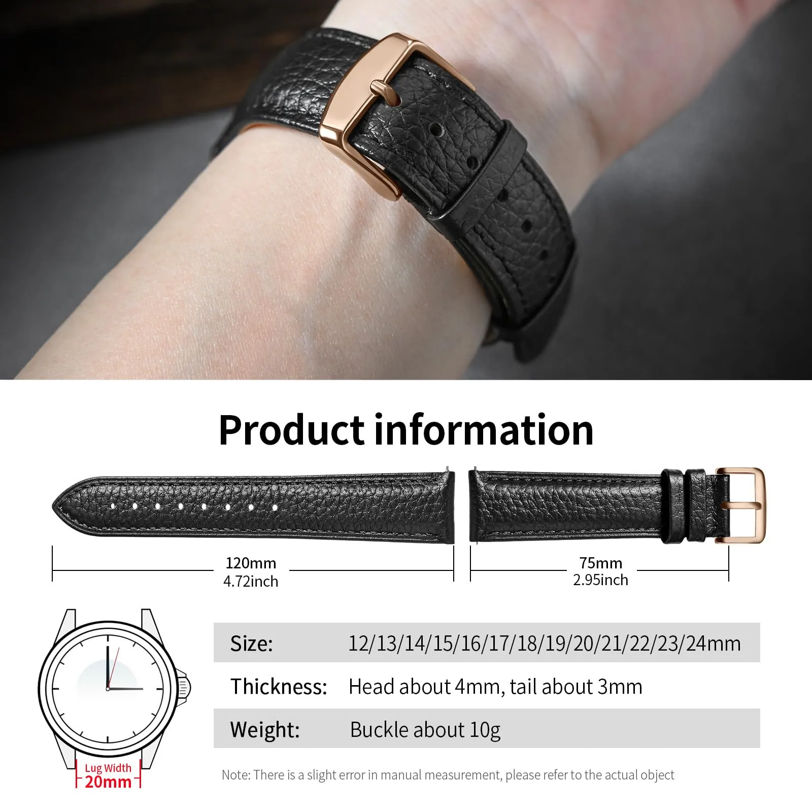 ULLCHRO Cinturino Orologio in Pelle Vera con Sgancio Rapido, 12mm, Nero - immagine 6