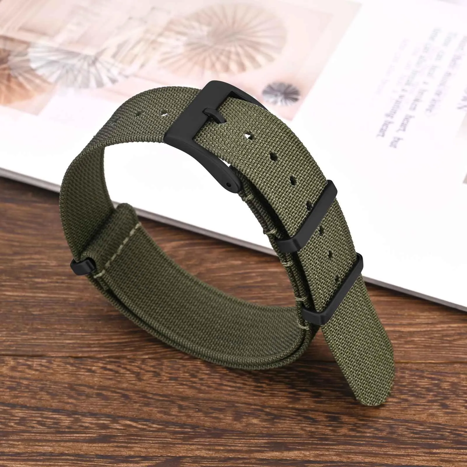 ANNEFIT Cinturino per Orologio in Nylon 21mm Verde Oliva con Fibbia Nera in Acciaio Inossidabile - immagine 7