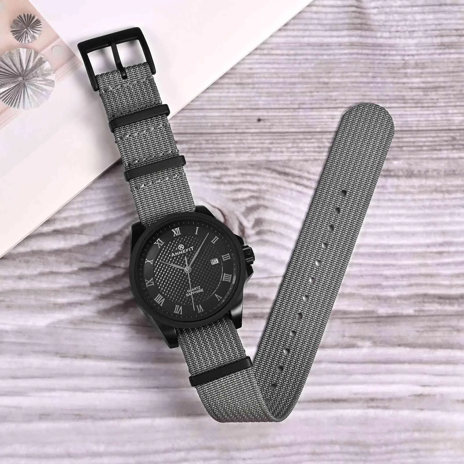 ANNEFIT Cinturino per Orologio in Nylon 21mm con Fibbia in Acciaio Inossidabile - Grigio - immagine 2
