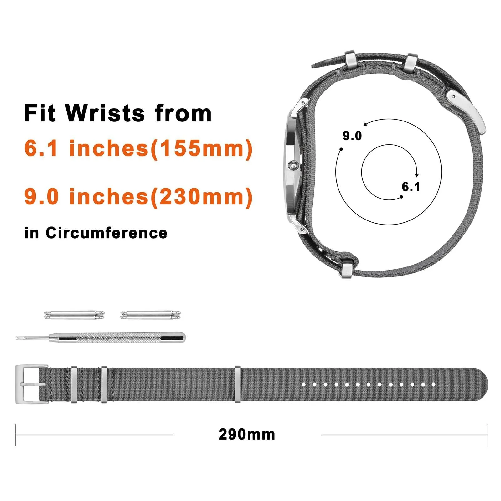 ANNEFIT Cinturino per Orologio in Nylon 21mm con Fibbia in Acciaio Inossidabile, Grigio - immagine 4