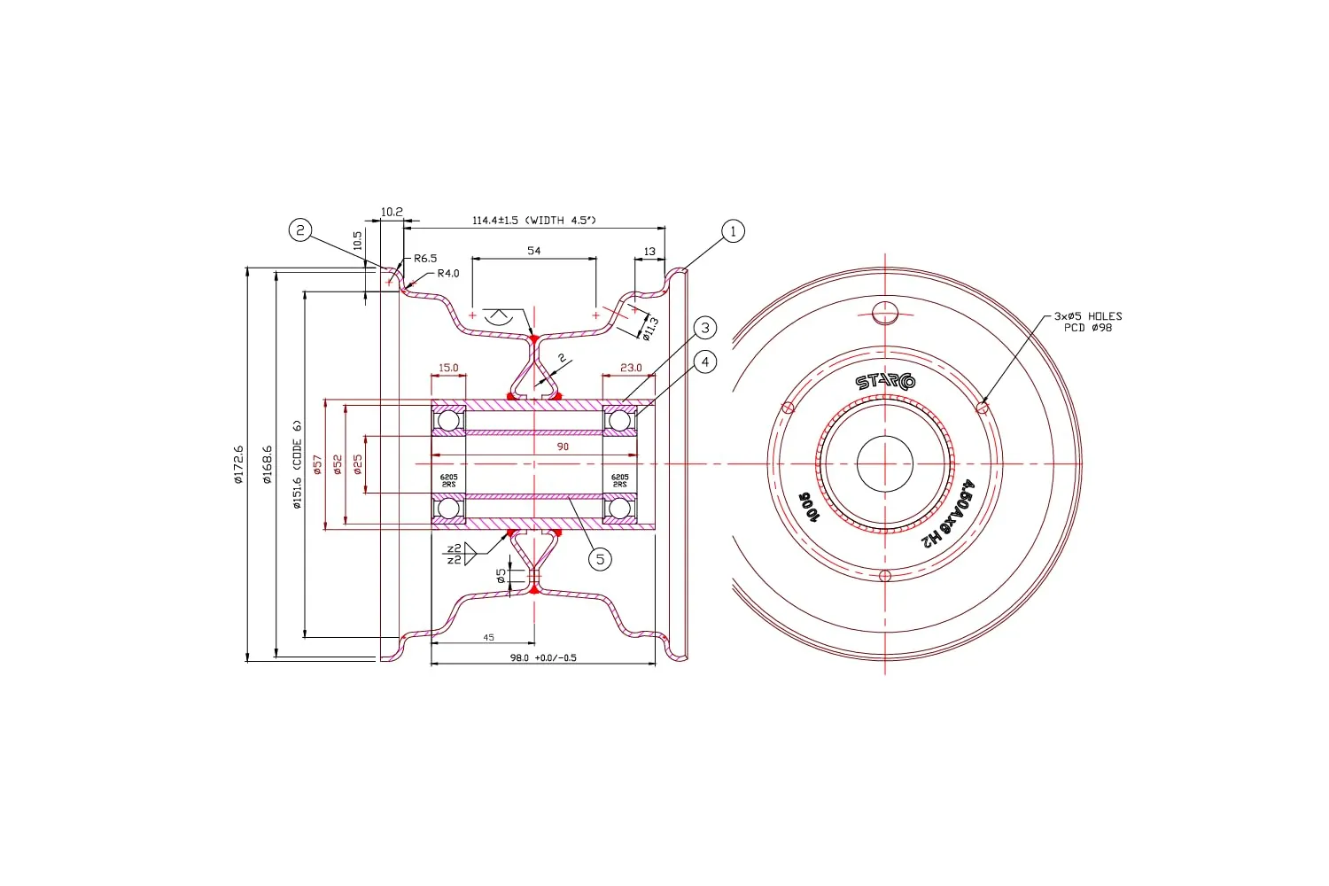 Starco Ruota Completa 15x6.00-6 per Tosaerba e Trattorini, Pneumatico Kenda 4PR, Cerchio in Acciaio 3x98, Cuscinetti 6205-2RS, Portata 335 kg - immagine 3