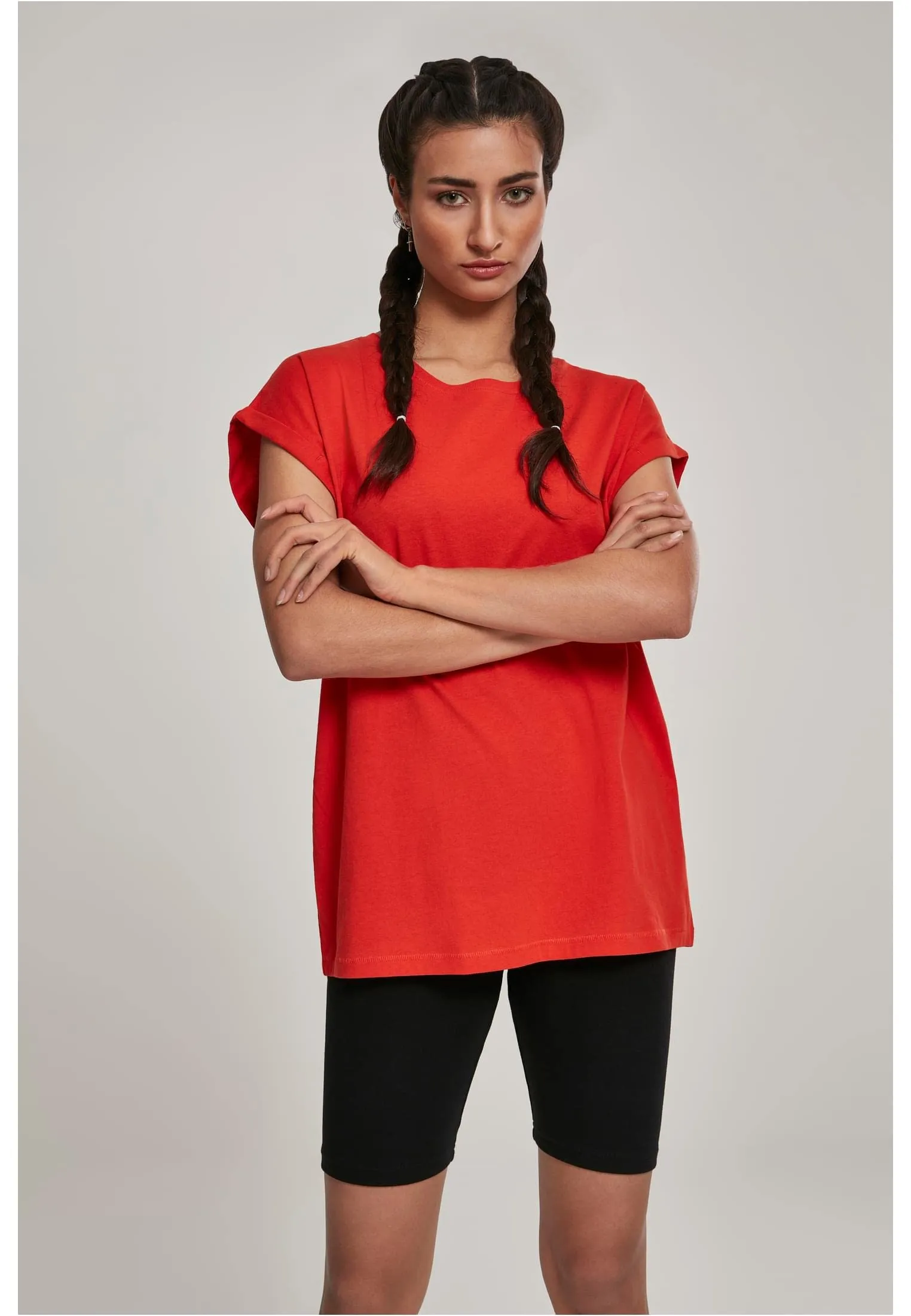 Urban Classics Donna T-Shirt con Maniche Arrotolate in Cotone, Rosso Ciliegia, Taglia XXL - immagine 3