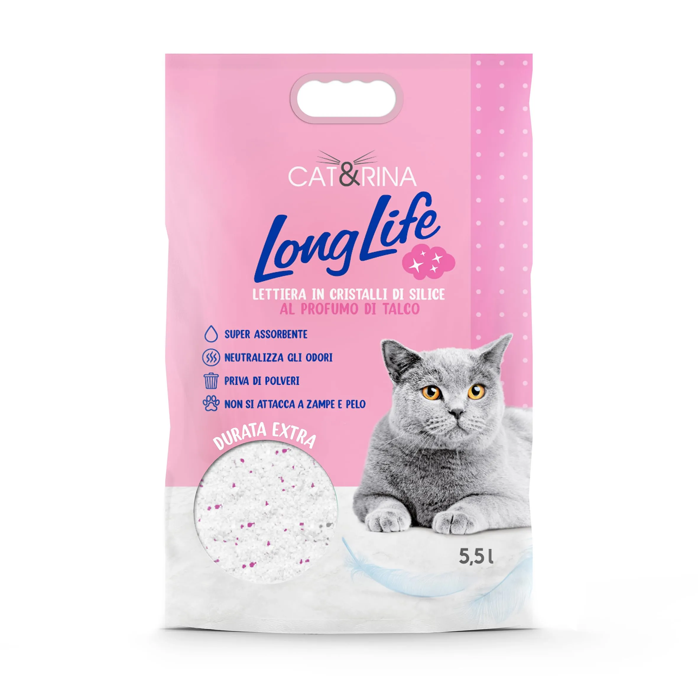 Cat&Rina Lettiera per Gatti ai Cristalli di Silicio, Profumo di Talco, Anallergica e Batteriostatica, 5,5 L - immagine 1