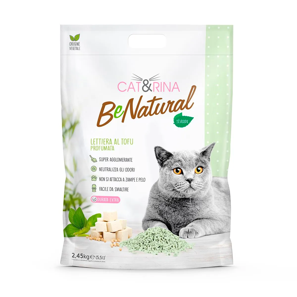 Cat&Rina BeNatural Lettiera per Gatti al Tofu, Tè Verde, 5,5 L - immagine 1