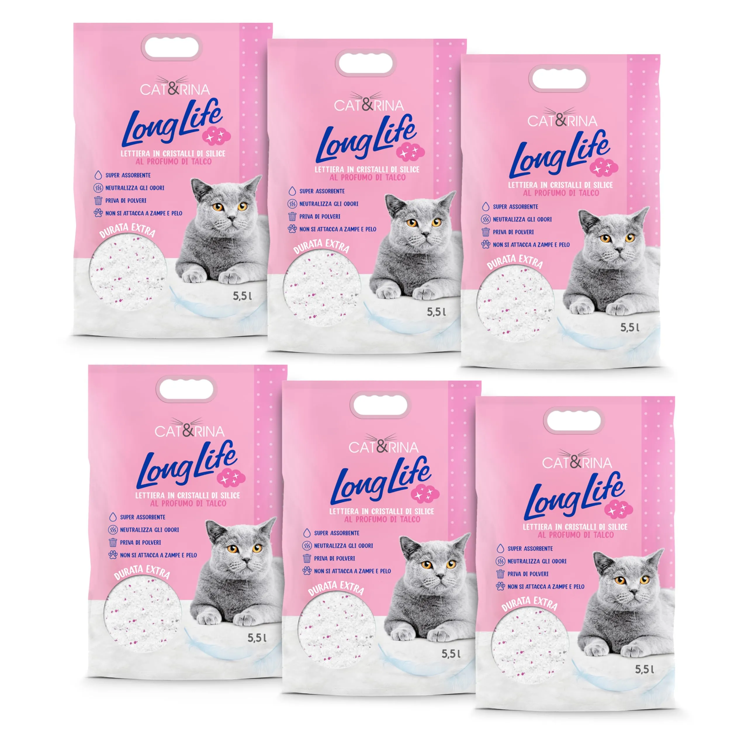 Cat&Rina LongLife Lettiera per Gatti al Talco, Silicio, 6 x 5,5L (33L) - immagine 1