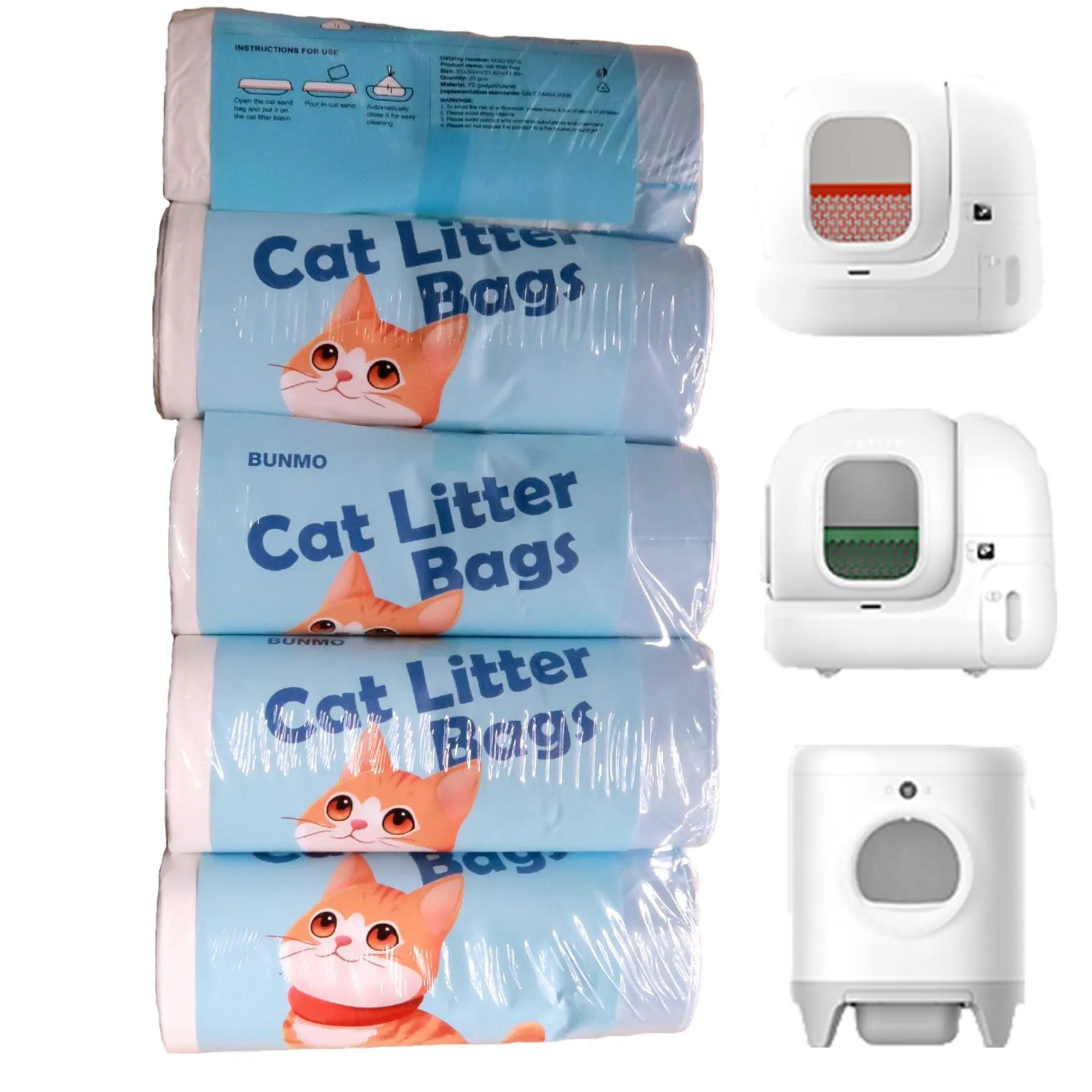 BUNMO Sacchetti per Escrementi per Gatti compatibili con PURA Max, PURA Max 2 e PURA X, 5 Rotoli da 20 Pezzi (100 Totale), 55 x 30 cm - immagine 1