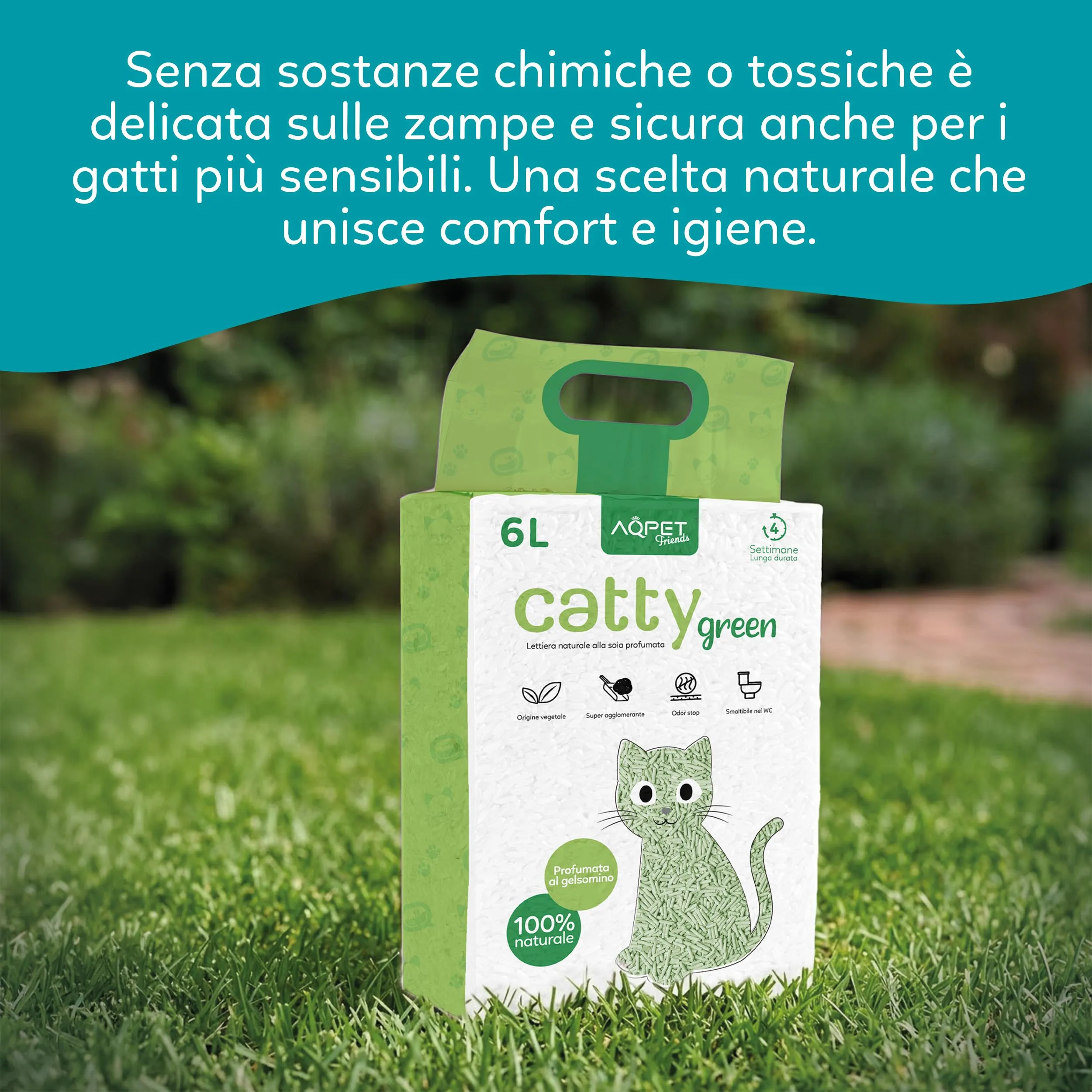 AQPET CattyGreen Lettiera di Soia Naturale per Gatti, Agglomerante Biodegradabile al Gelsomino, Smaltibile nel WC, 36 Litri - immagine 6