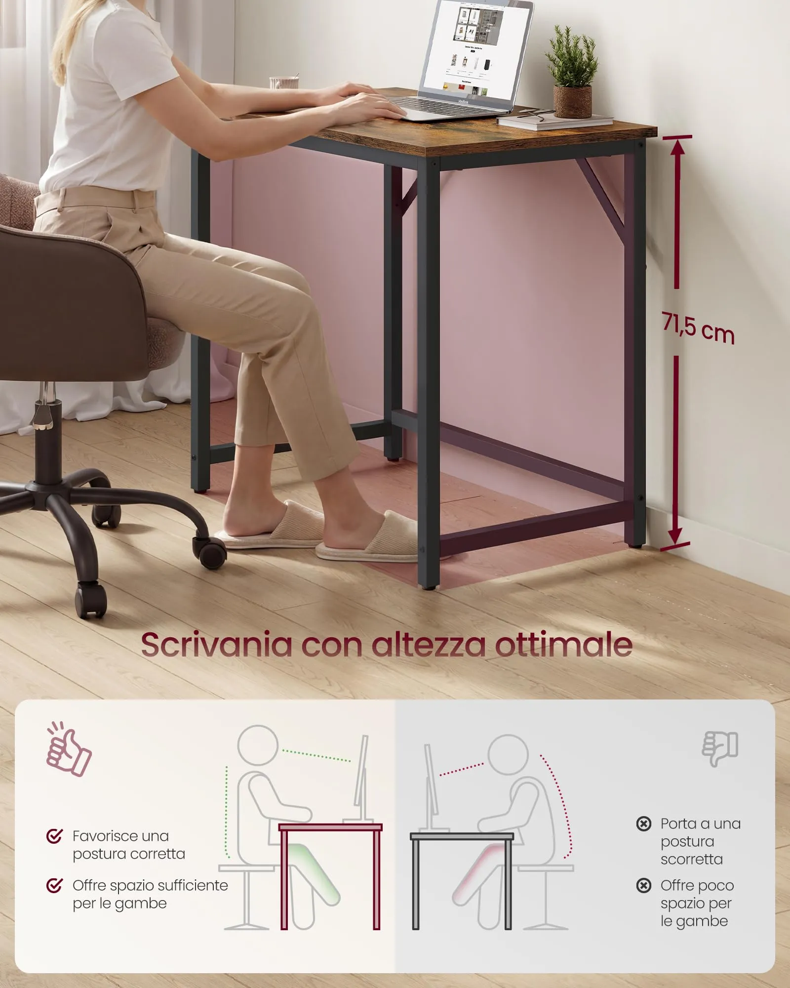 VASAGLE Scrivania per Computer, 50 x 80 x 76 cm, Marrone Vintage e Nero Inchiostro, LWD038B01 - immagine 3