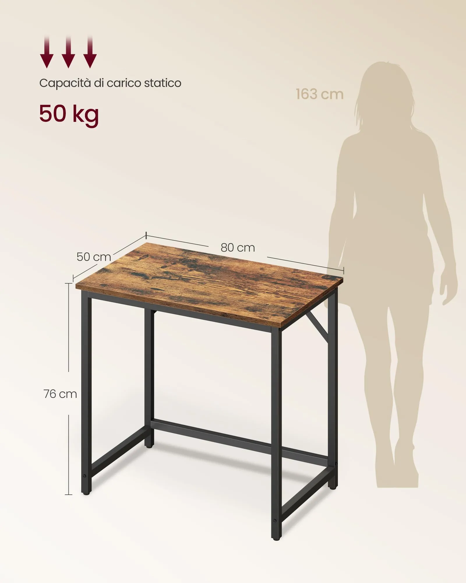 VASAGLE Scrivania per Computer, 50 x 80 x 76 cm, Marrone Vintage e Nero Inchiostro, LWD038B01 - immagine 5