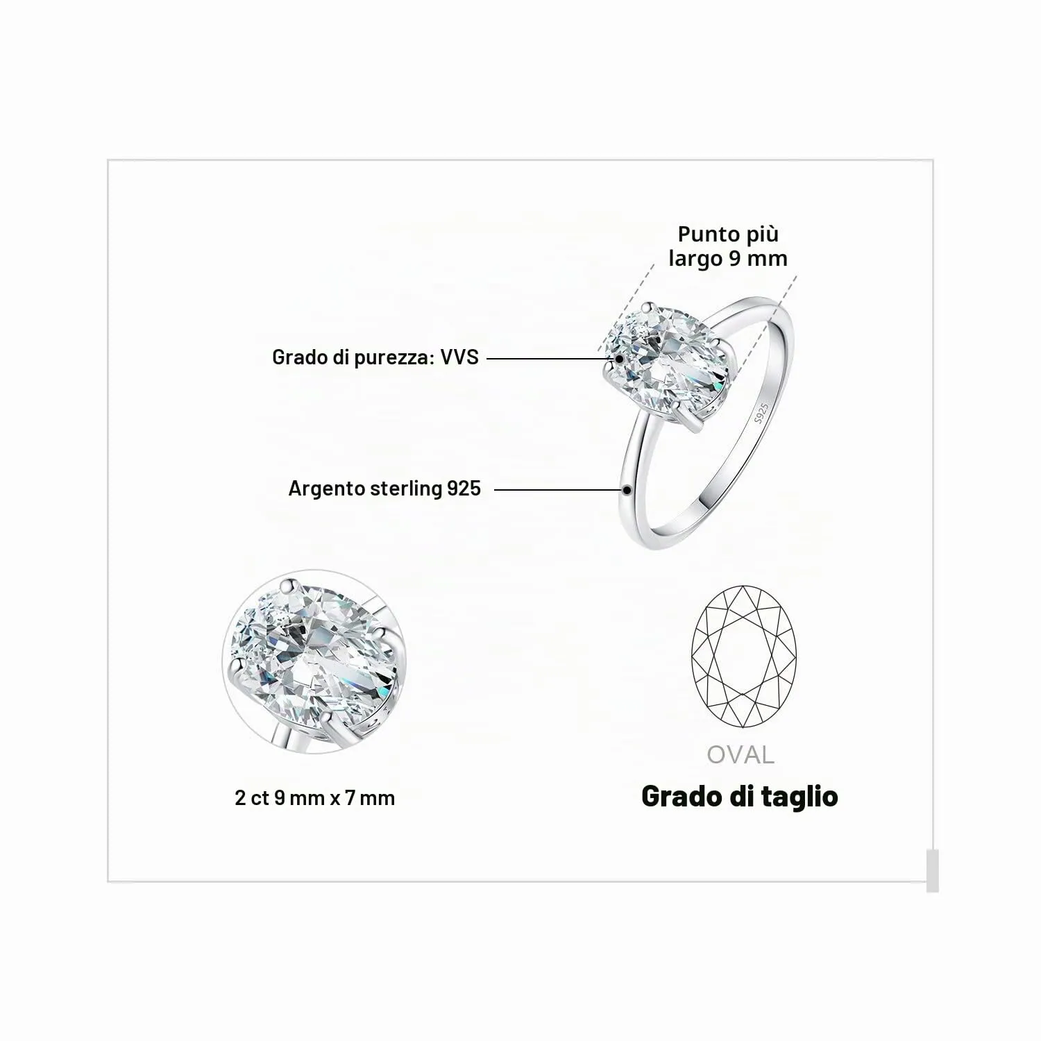 JewelryPalace Classico Anello Solitario Donna Argento 925 con Moissanite 2ct Taglio Ovale - immagine 2