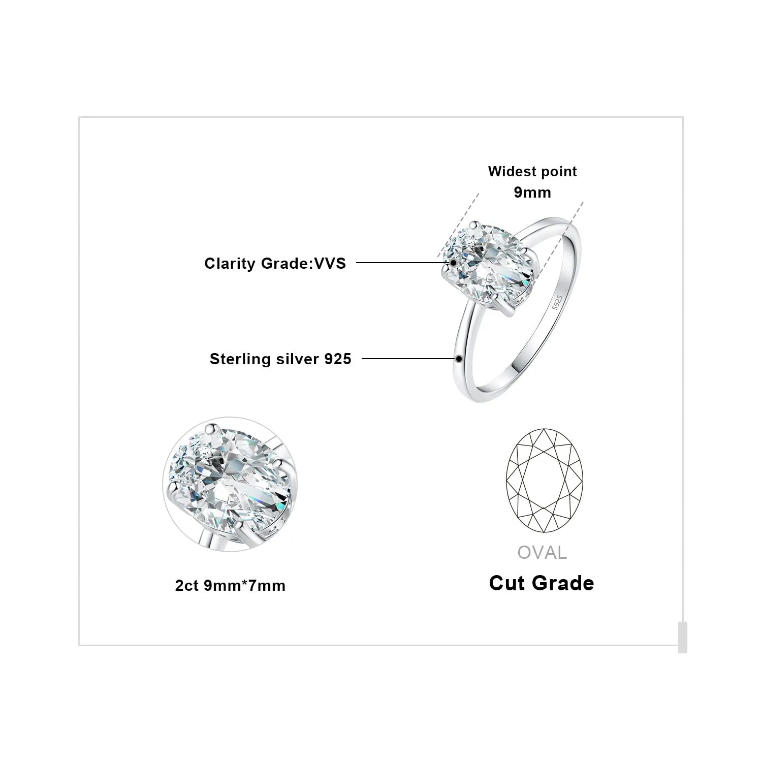 JewelryPalace Classico Anello Solitario in Argento 925 con Zirconia Cubica Taglio Ovale, Taglia 13 - immagine 2