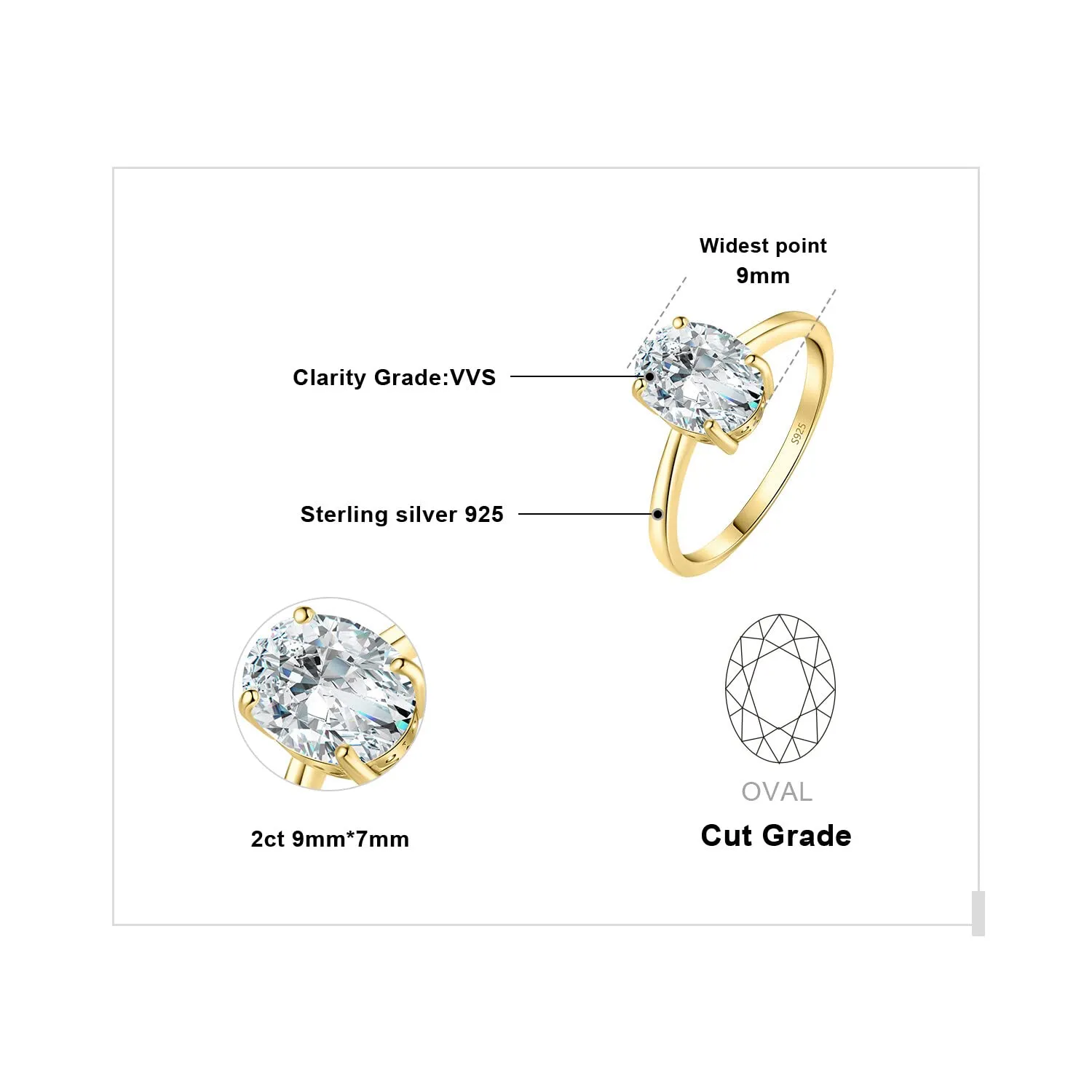 JewelryPalace Classico Anello Solitario Donna in Argento 925 con Moissanite 2ct Taglio Ovale, Oro, Misura 19.5 - immagine 2