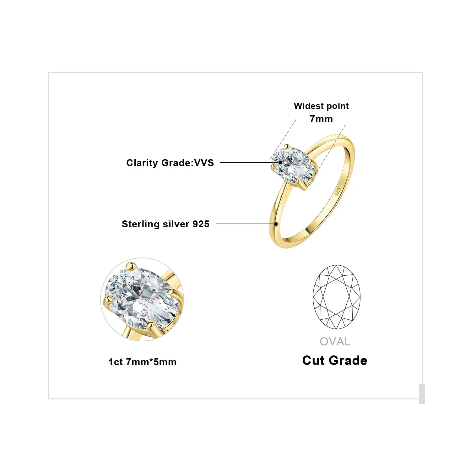 JewelryPalace Classico Anello Solitario Donna Argento 925 con Moissanite 1ct Taglio Ovale, Taglia 16 - immagine 2