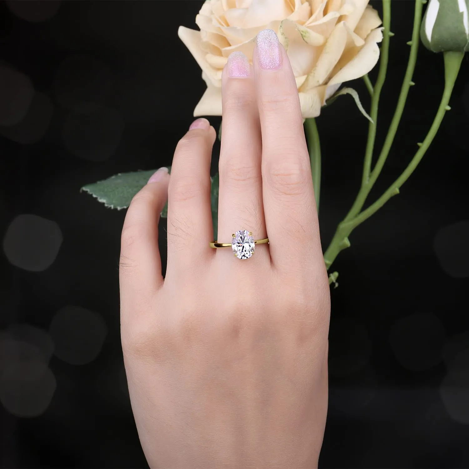 JewelryPalace Classico Anello Solitario in Argento 925 con Cubica Zirconia 2ct, Taglio Ovale, Oro, Taglia 8 - immagine 6