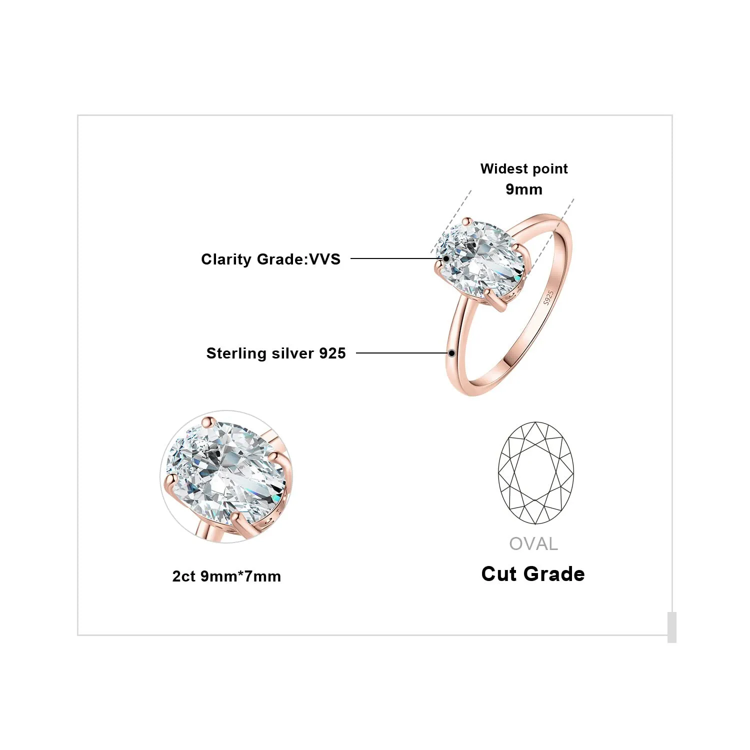 JewelryPalace Anello Solitario Donna in Argento 925 con Cubica Zirconia 2ct Taglio Ovale, Oro Rosa, Taglia 11.5 - immagine 2