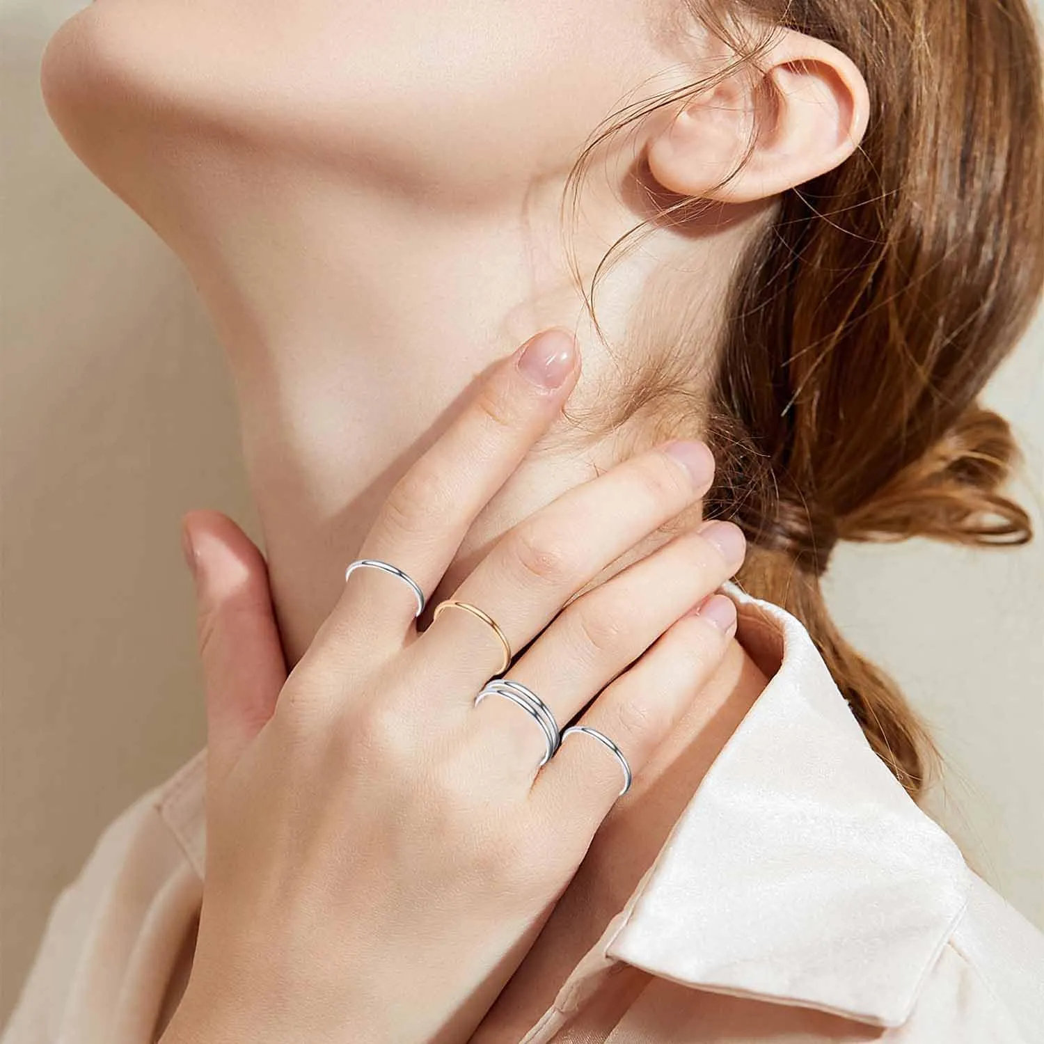 VELESAY Set di 12 Anelli Impilabili in Acciaio Inossidabile per Donna, Midi Band e Knuckle Rings, Argento/Oro - immagine 2