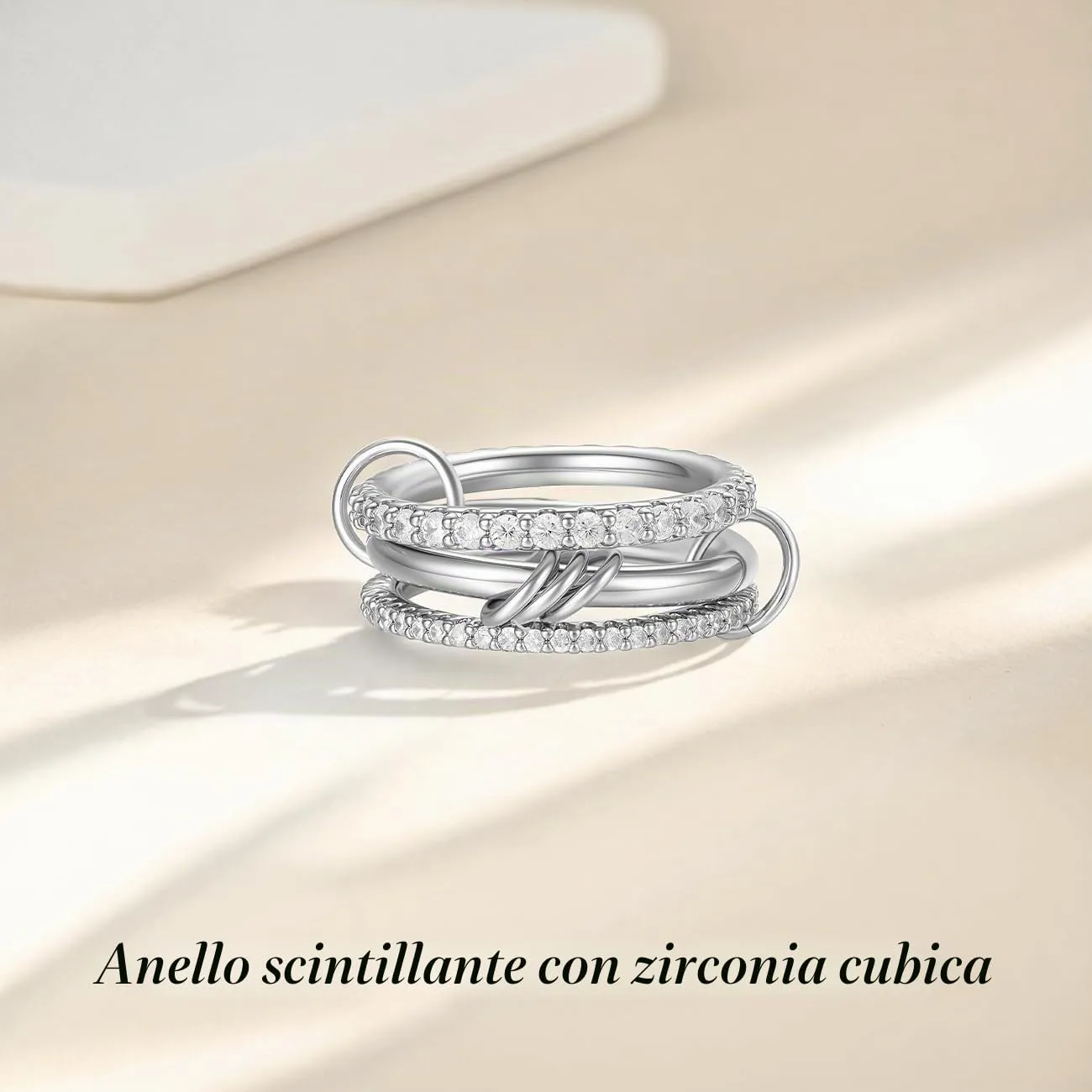 Emibele Anello Argento Sovrapponibile Donna con Zirconia Cubica, Misura 10 - immagine 6