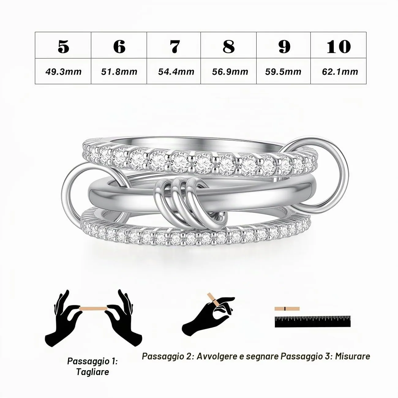 Emibele Anello Argento Sovrapponibile Donna con Zirconia Cubica, Misura 10 - immagine 7