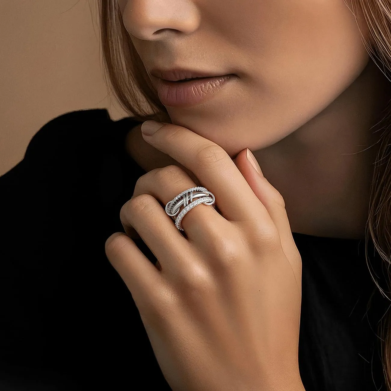 Emibele Anello Argento Sovrapponibile Donna con Zirconia Cubica, Misura 9 - immagine 2